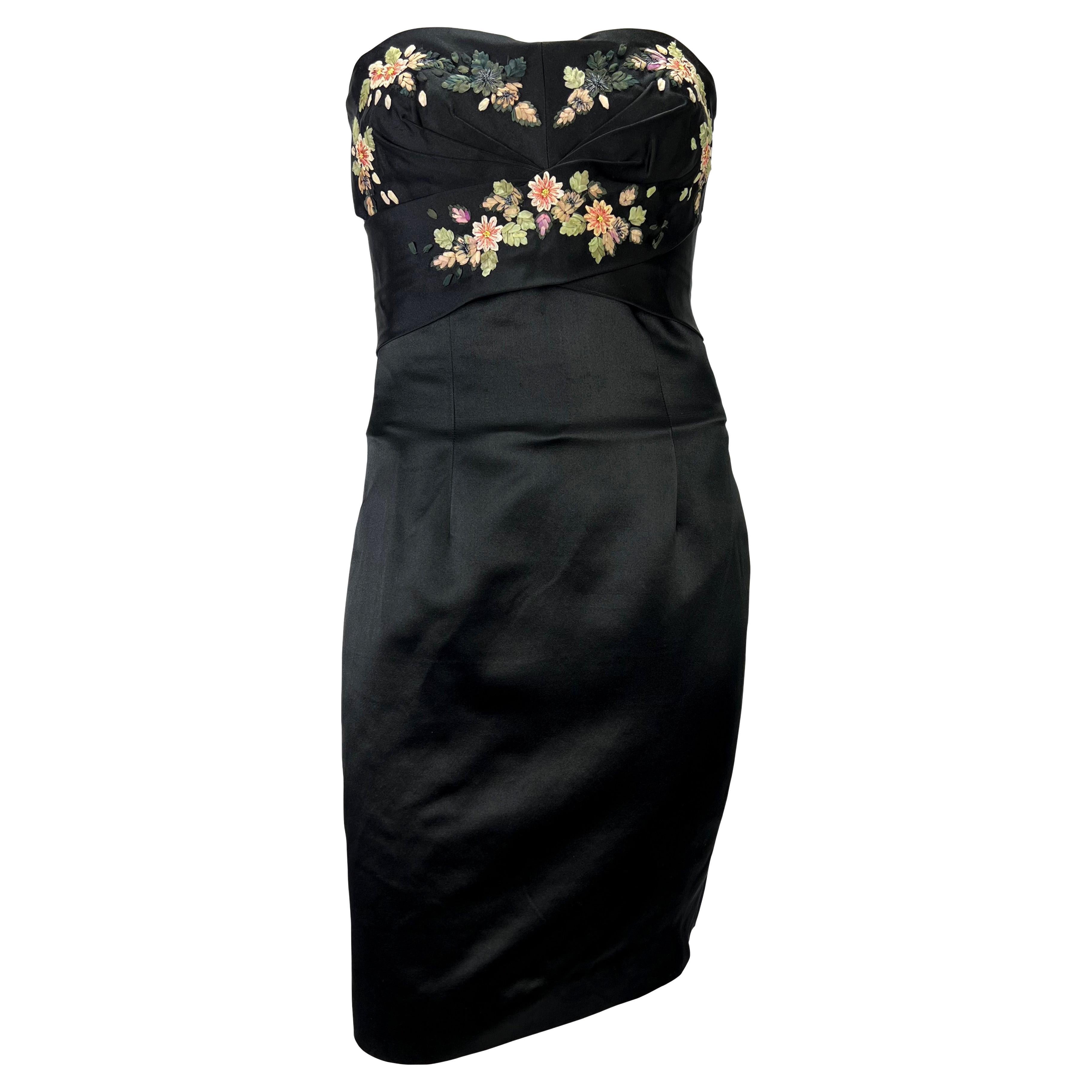 2007 Alexander McQueen Floral Ribbon Embroidery Black Satin Boned Bustier Dress  For Sale