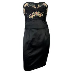 Used 2007 Alexander McQueen Floral Ribbon Embroidery Black Satin Boned Bustier Dress 