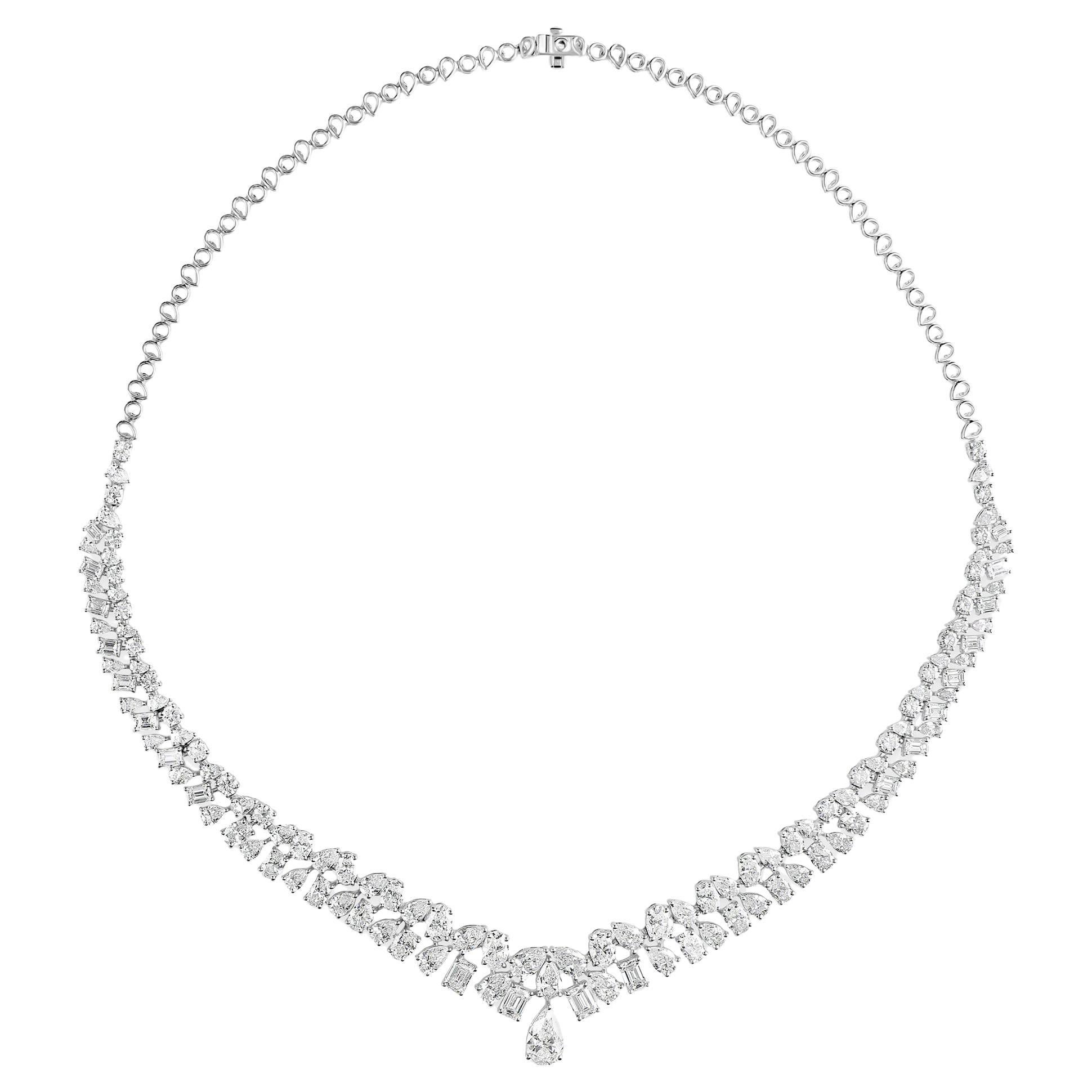 18K White Gold 20.07 Carat SI/HI Multi Shape Diamond Wedding Necklace for Bride For Sale