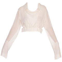 2007 Chanel Cream Silk Chiffon Logo Button Blouse