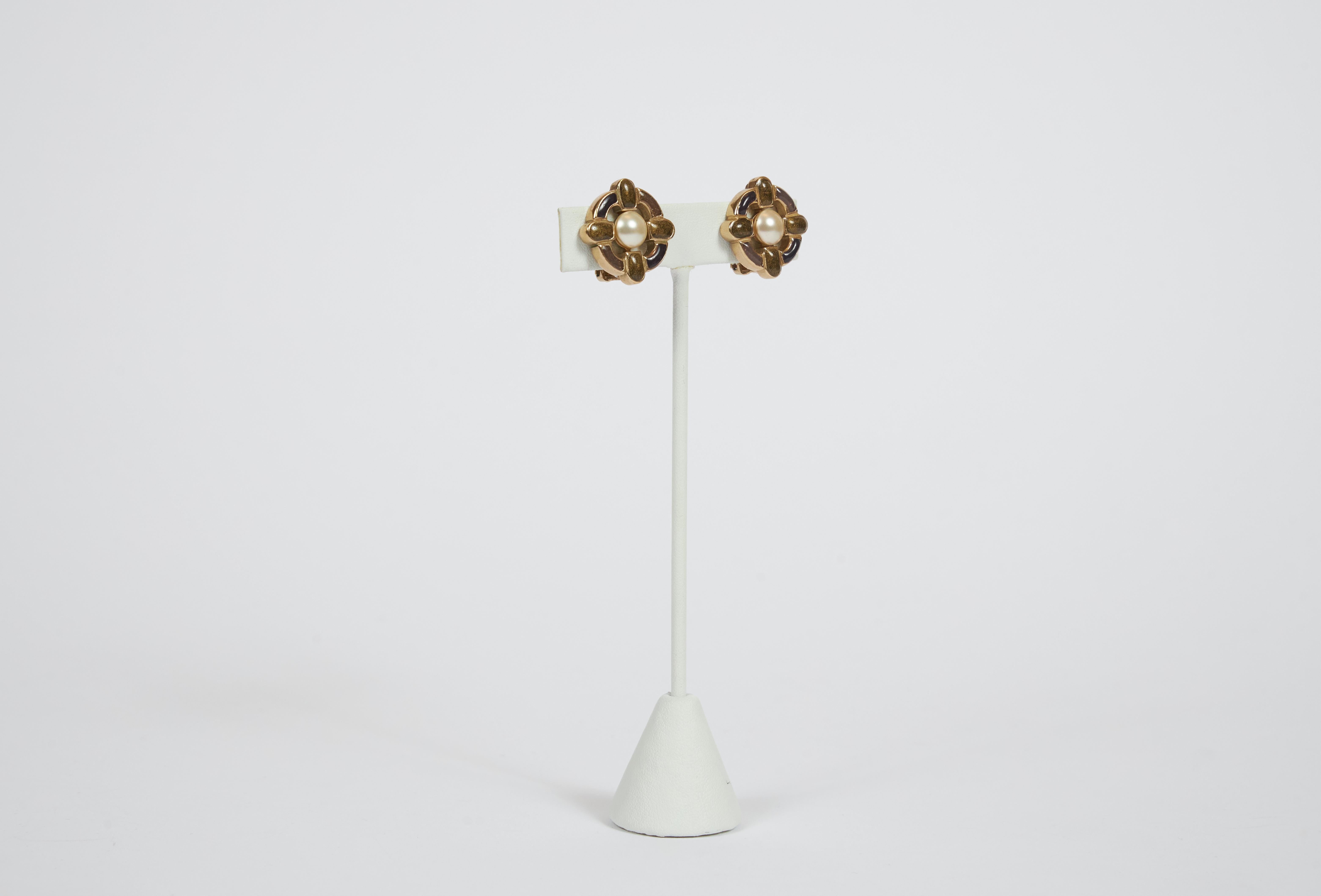 Chanel enamel maltese cross earrings with center faux pearl. Autumn 2007 collection. Come with original box.