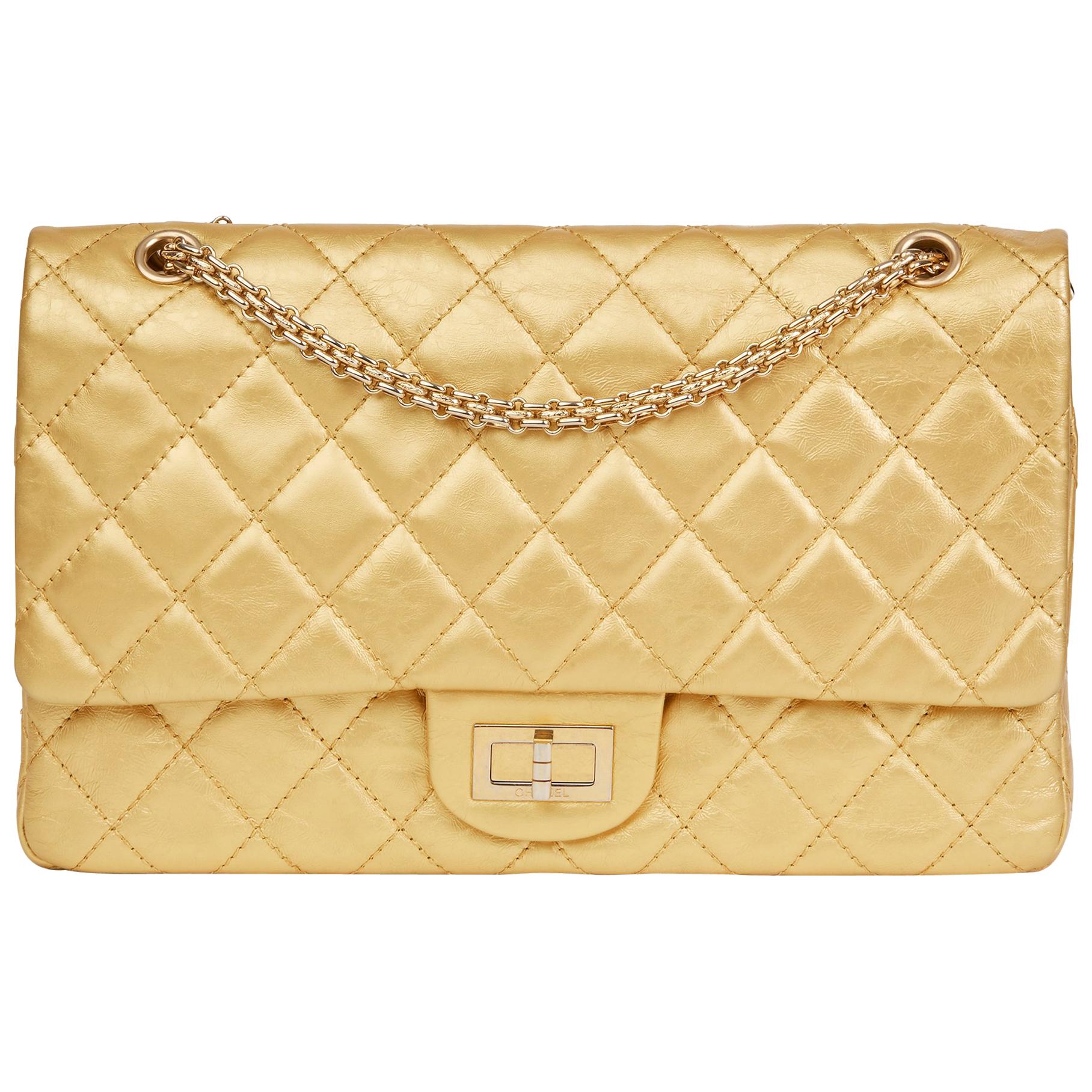 2007 Chanel Gold Quilted Aged Metallic Calfskin 2.55 Reissue 227 Double Flap Bag