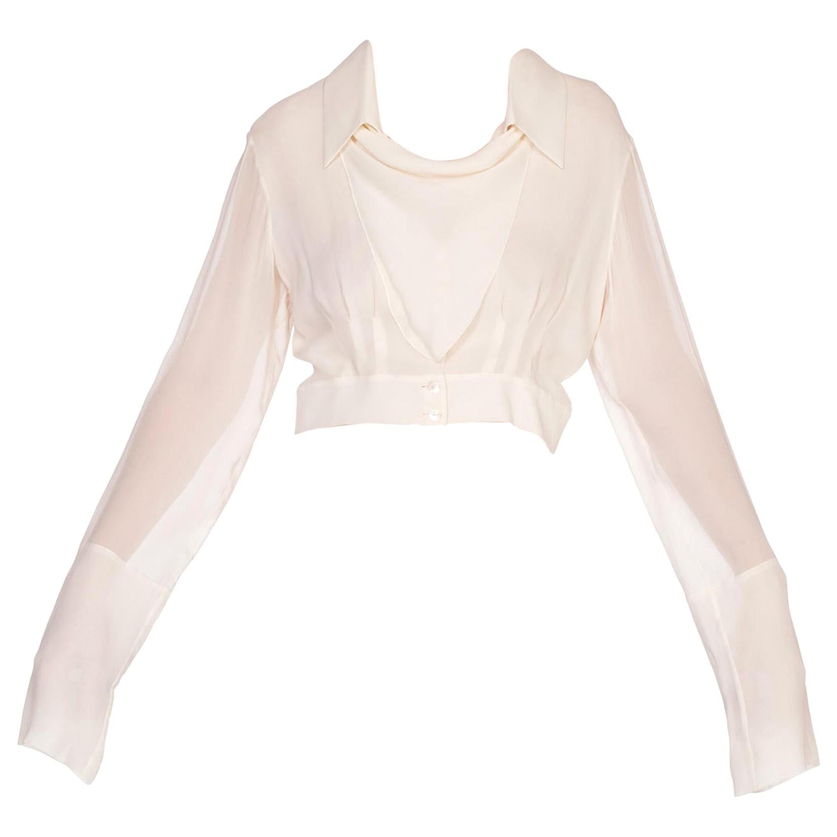 2007 Chanel Ivory Silk Chiffon 2007 Blouse with Logo Mother of Pearl Buttons  at 1stDibs