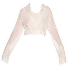 2007 Chanel Ivory Silk Chiffon 2007 Blouse with Logo Mother of Pearl Buttons
