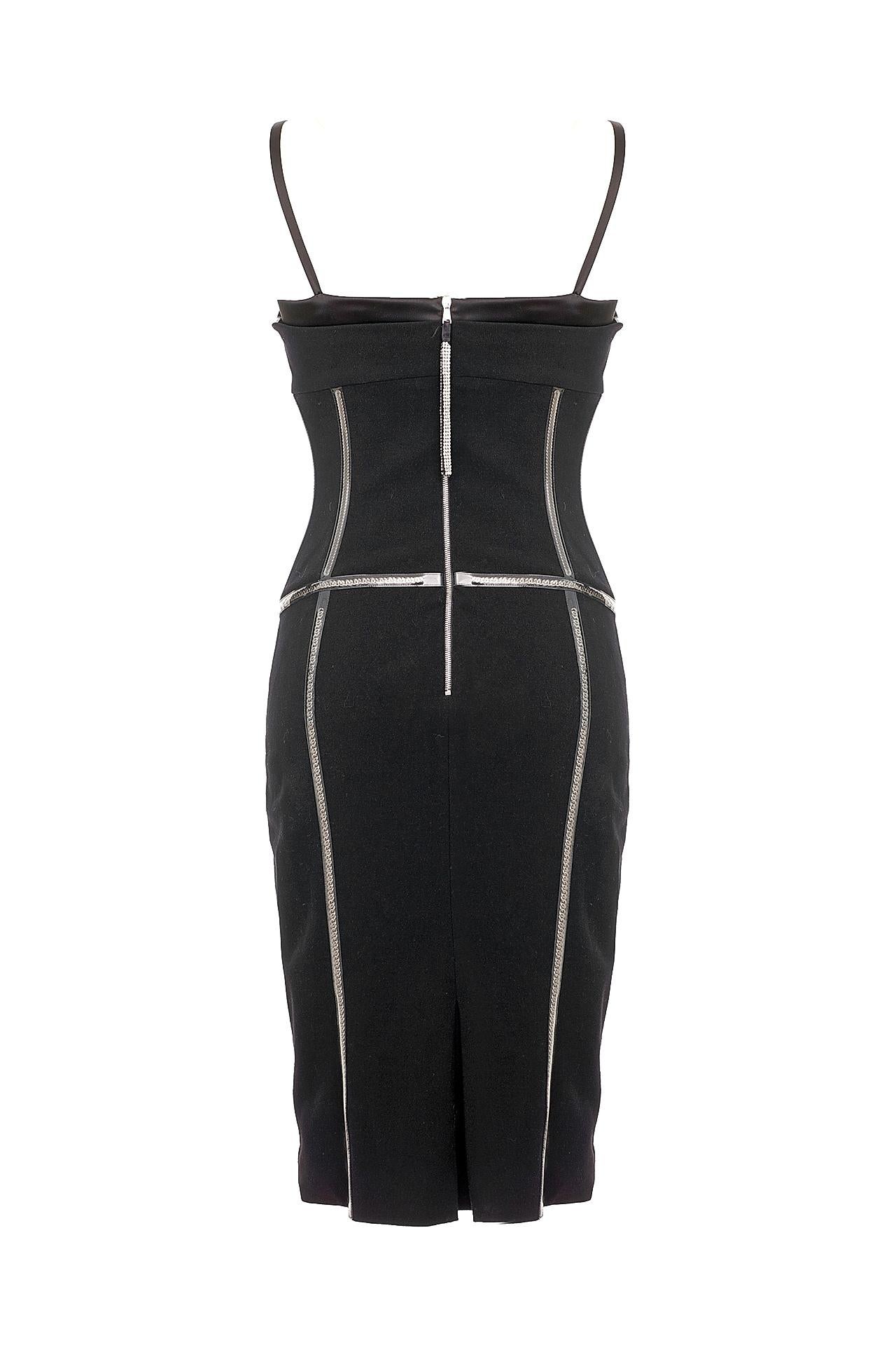 2007 Look #13 Dolce & Gabbana Chain Embellished Black Corset Dress 

IT Size 42 - US 6

Crystal zipper pull

New