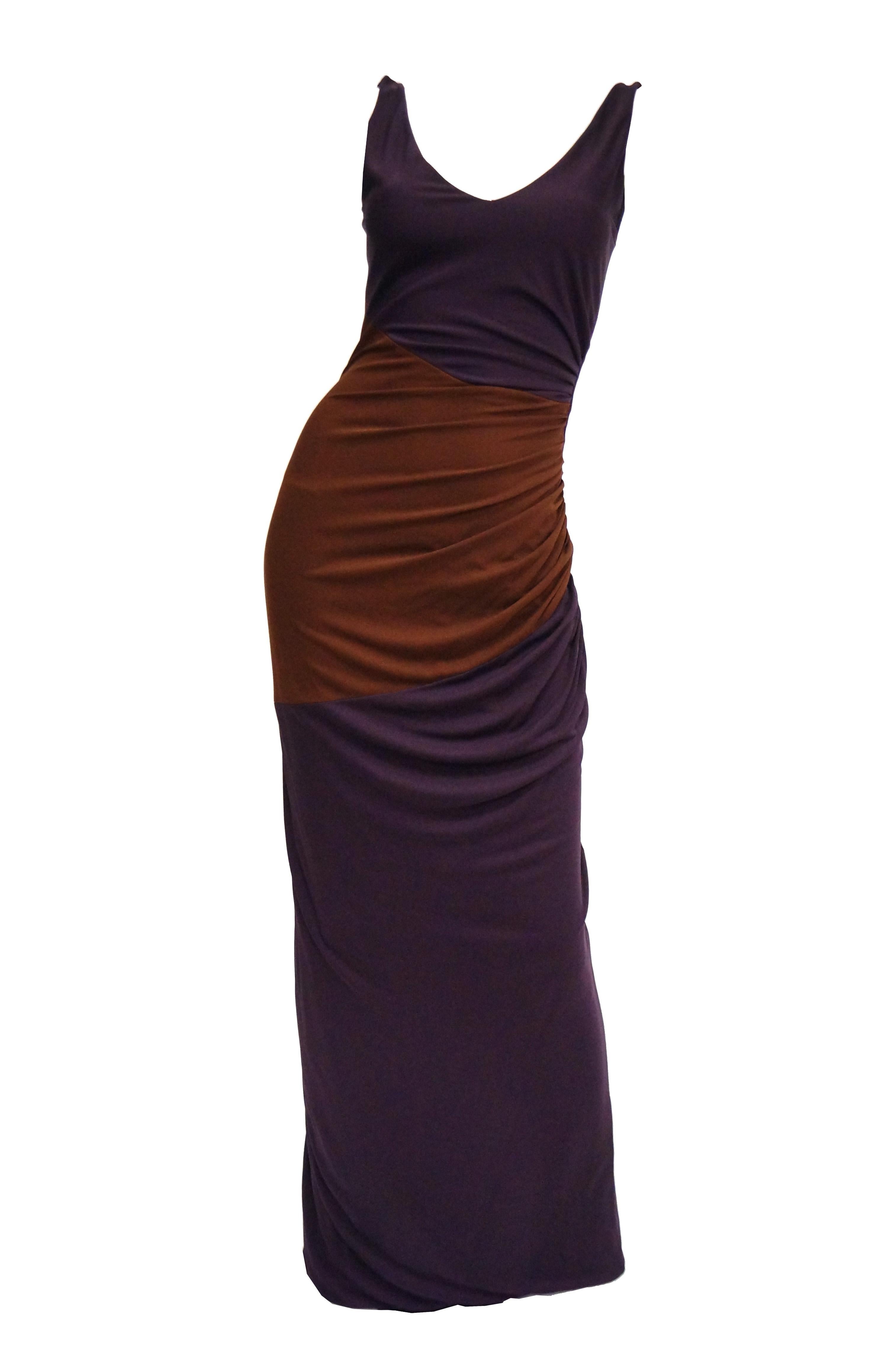 Black 2007 Donald Deal Aubergine and Ginger Colorblock Drape Bodycon Evening Dress For Sale