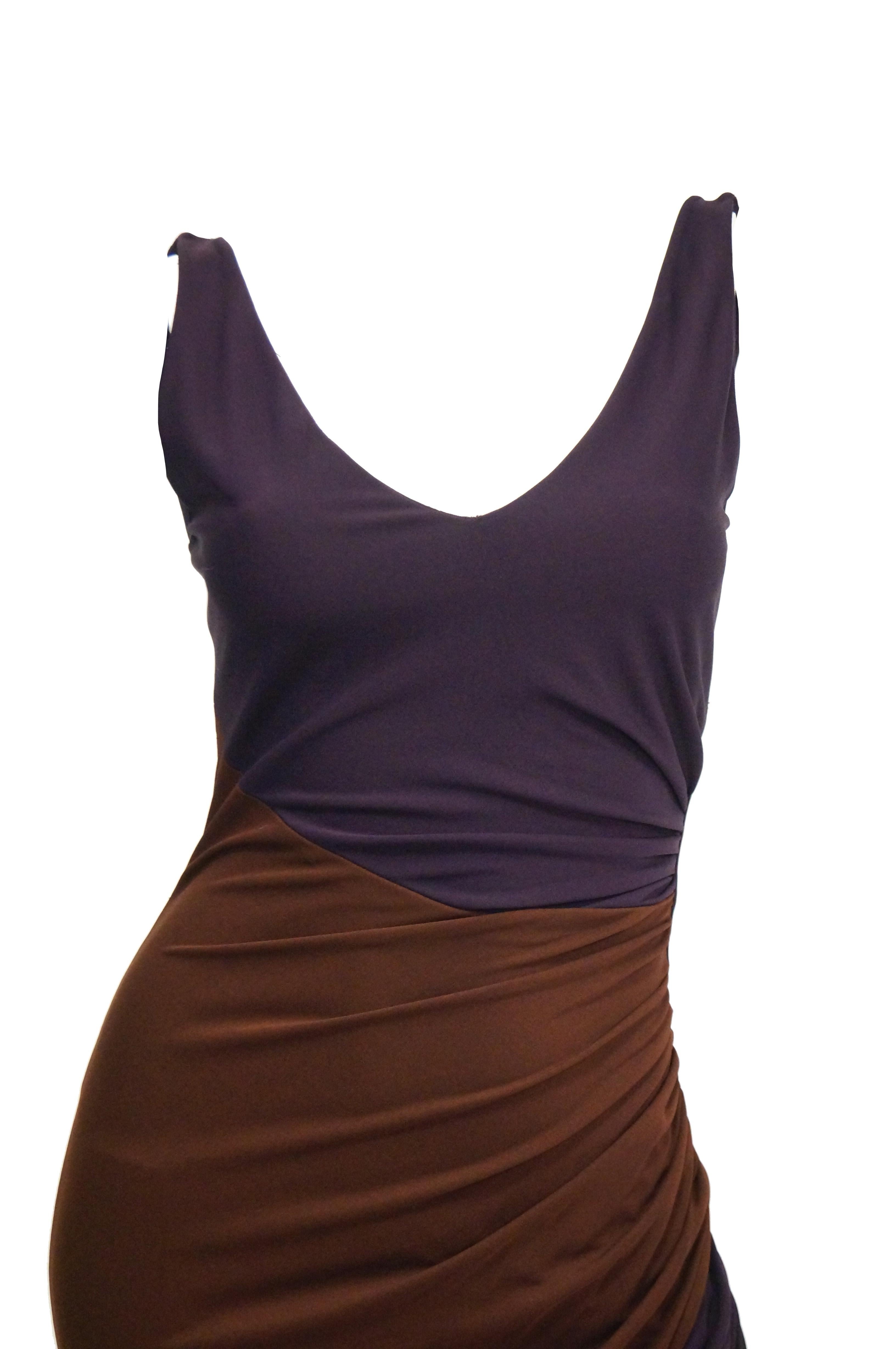2007 Donald Deal Aubergine and Ginger Colorblock Drape Bodycon Evening Dress In Excellent Condition For Sale In Houston, TX