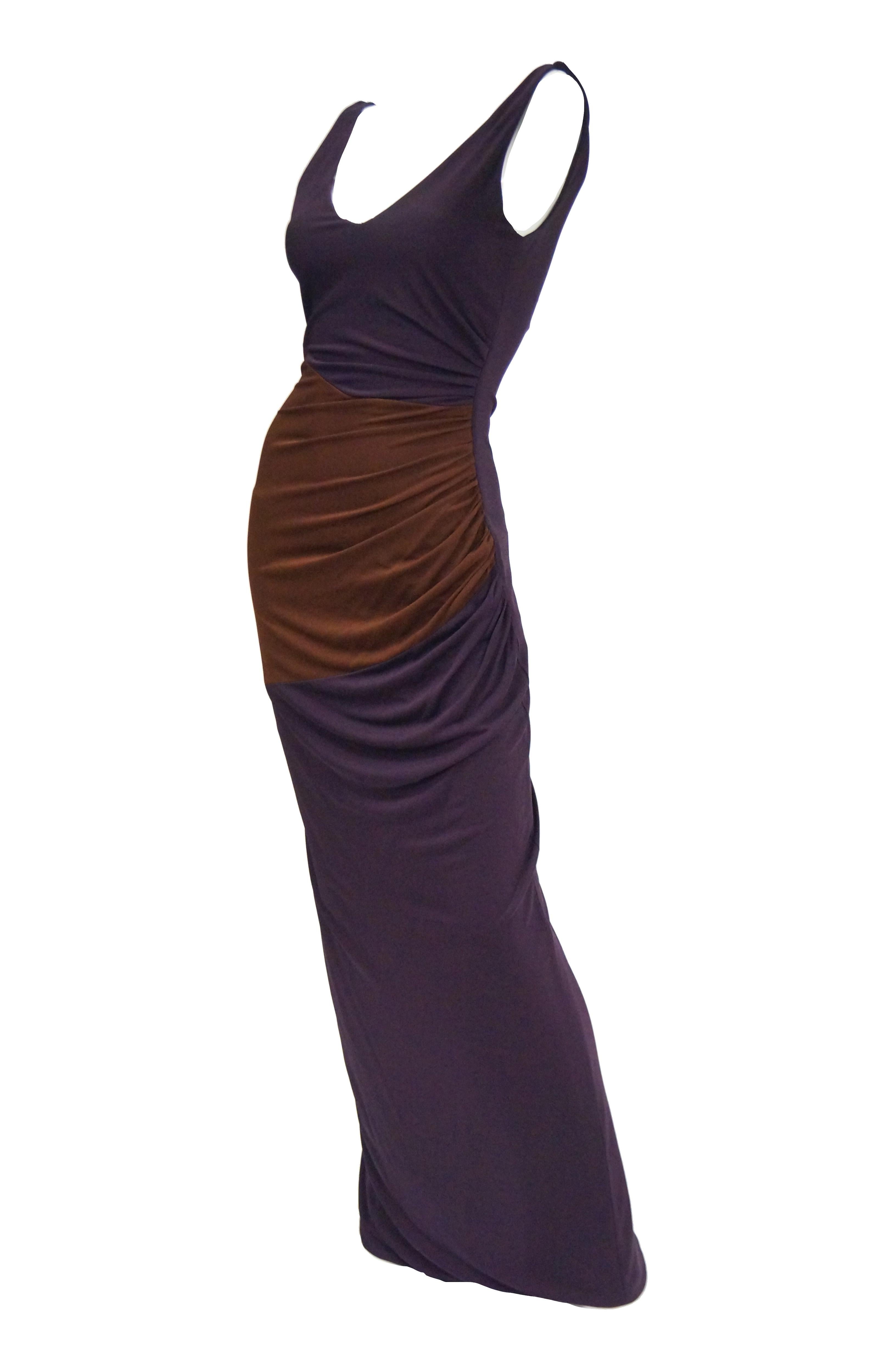 Women's 2007 Donald Deal Aubergine and Ginger Colorblock Drape Bodycon Evening Dress For Sale