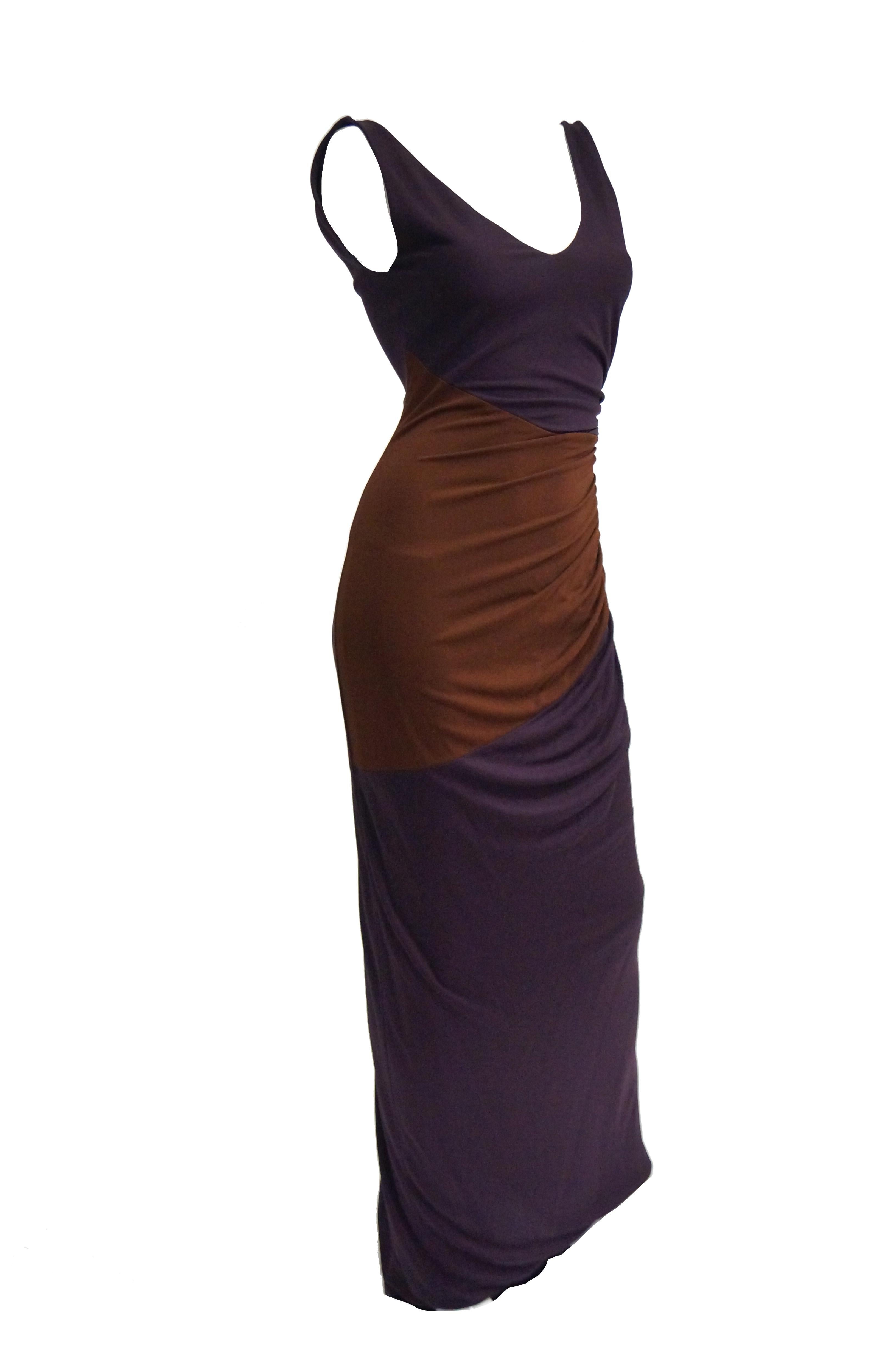 2007 Donald Deal Aubergine and Ginger Colorblock Drape Bodycon Evening Dress For Sale 1