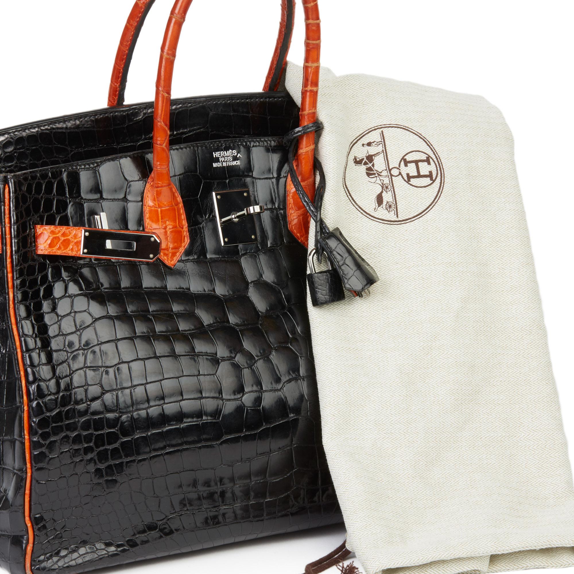 2007 Hermès Black & Orange H Shiny Porosus Crocodile Leather Birkin 35cm 5