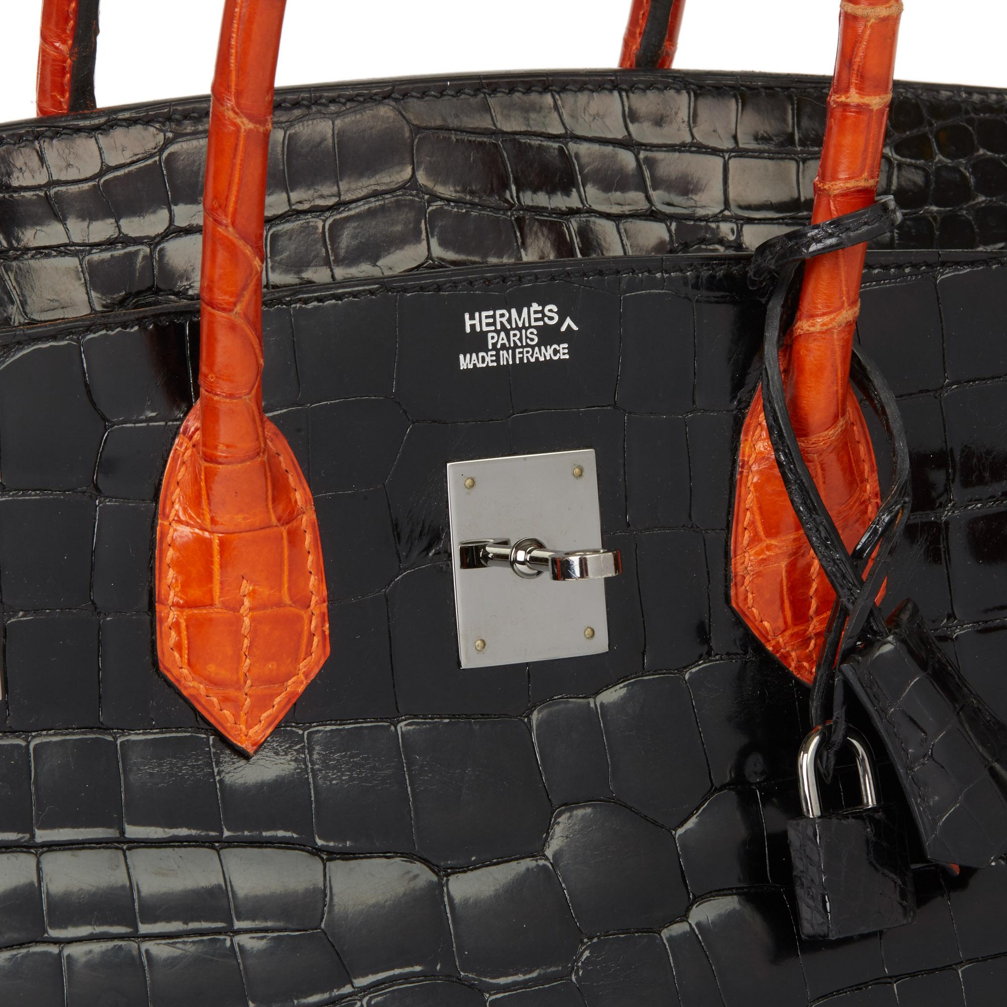 2007 Hermès Black & Orange H Shiny Porosus Crocodile Leather Birkin 35cm 1