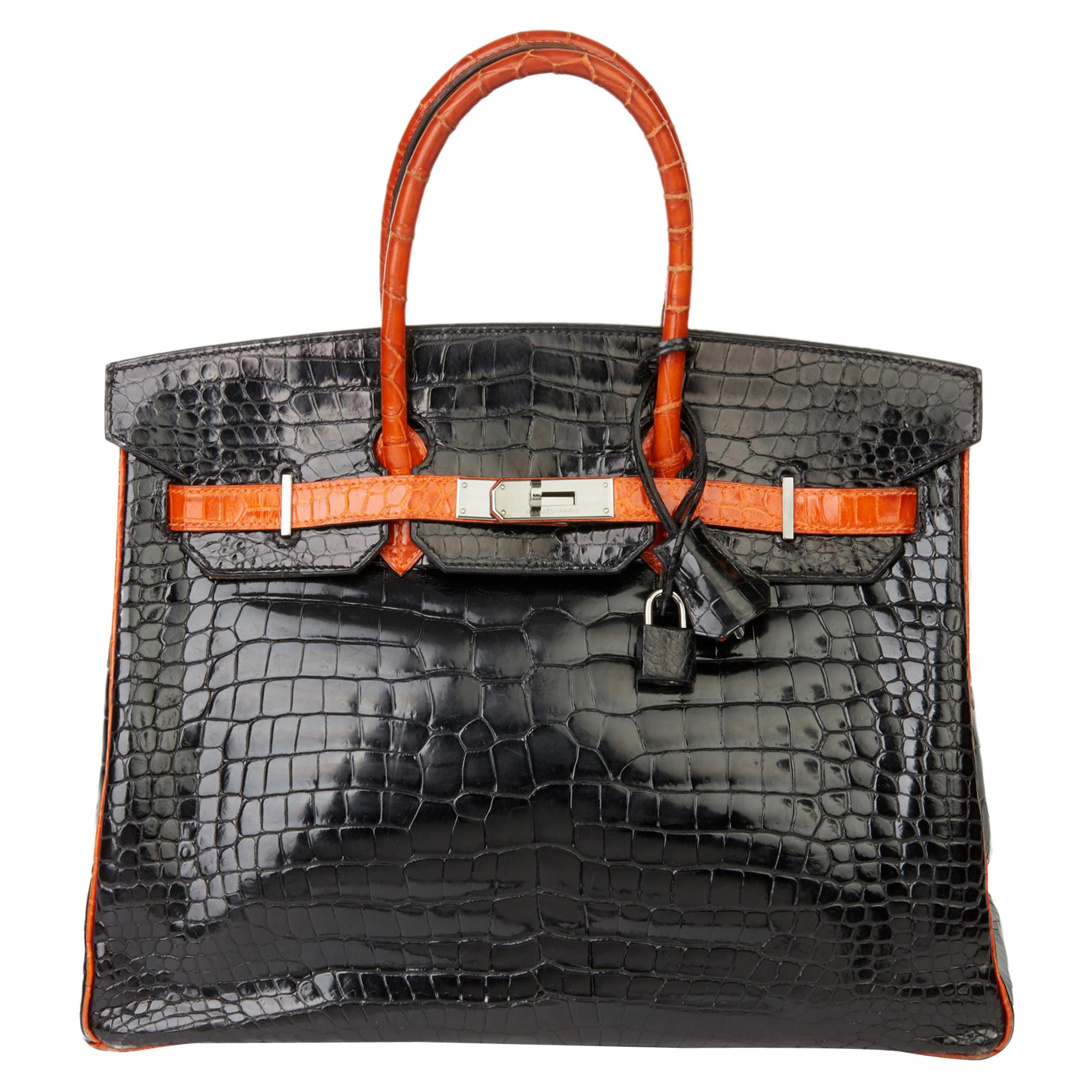 2007 Hermès Black & Orange H Shiny Porosus Crocodile Leather Birkin 35cm