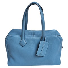 Used 2007 Hermes Blue Jeans Clemence Leather Victoria 35 Bag