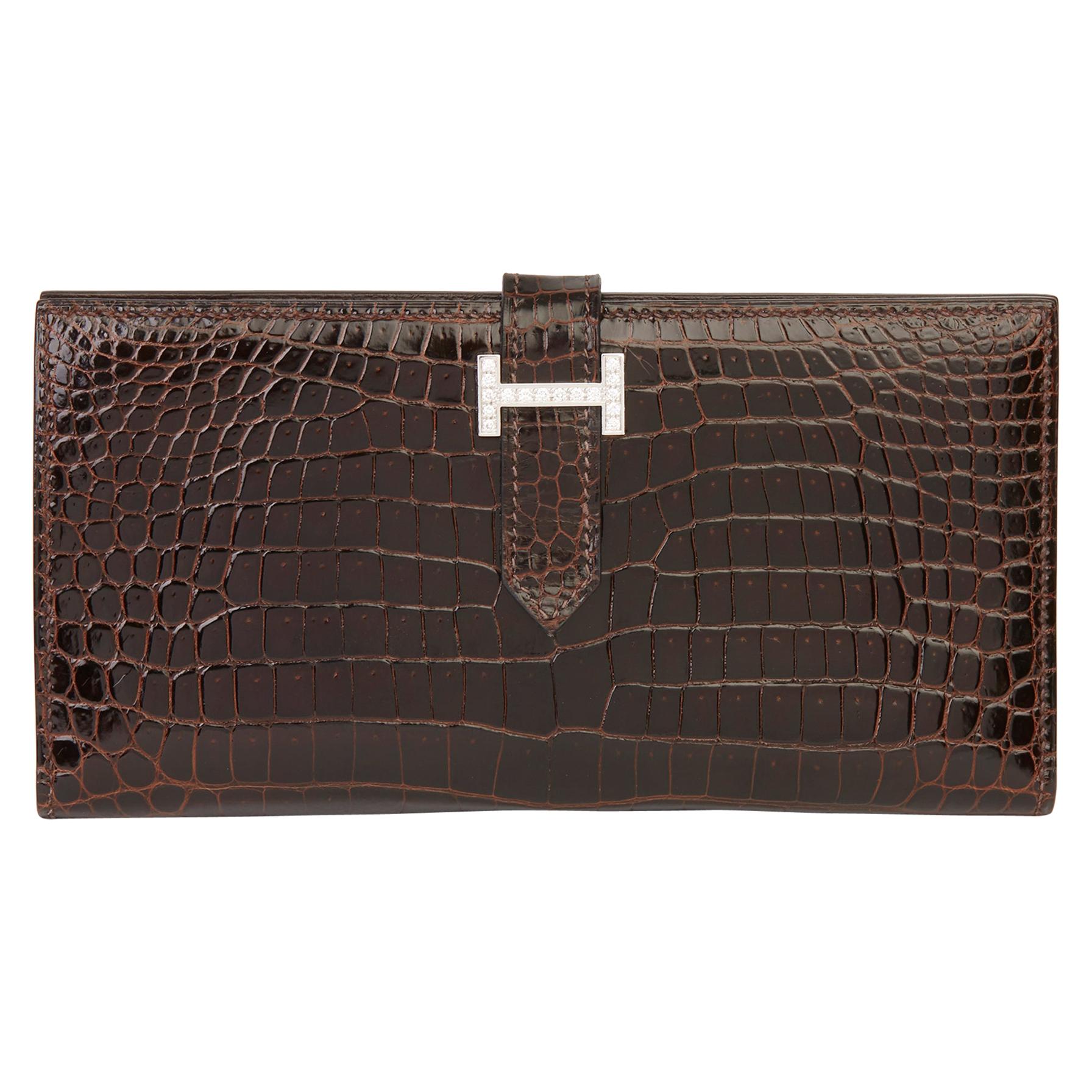 2007 Hermès Havane Shiny Porosus Crocodile Leather Diamond Bearn Wallet