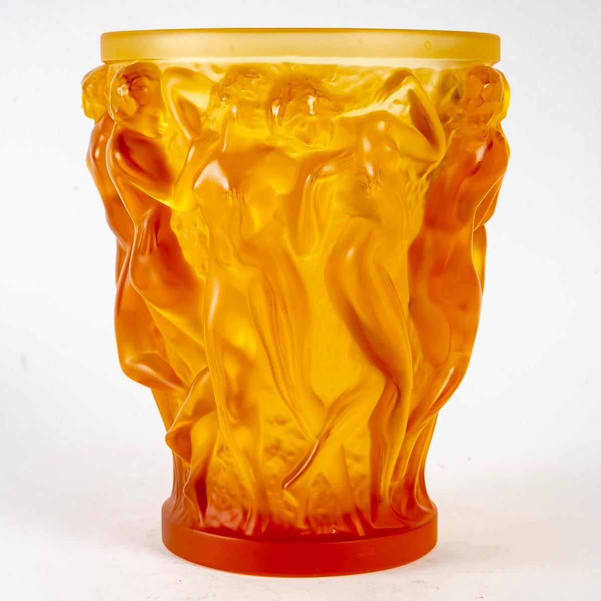 Art Deco 2007 Lalique France, Vase Bacchantes Amber Crystal, Limited Edition New