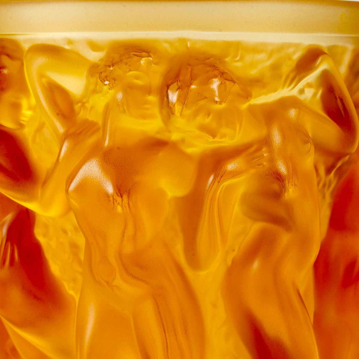 French 2007 Lalique France, Vase Bacchantes Amber Crystal, Limited Edition New