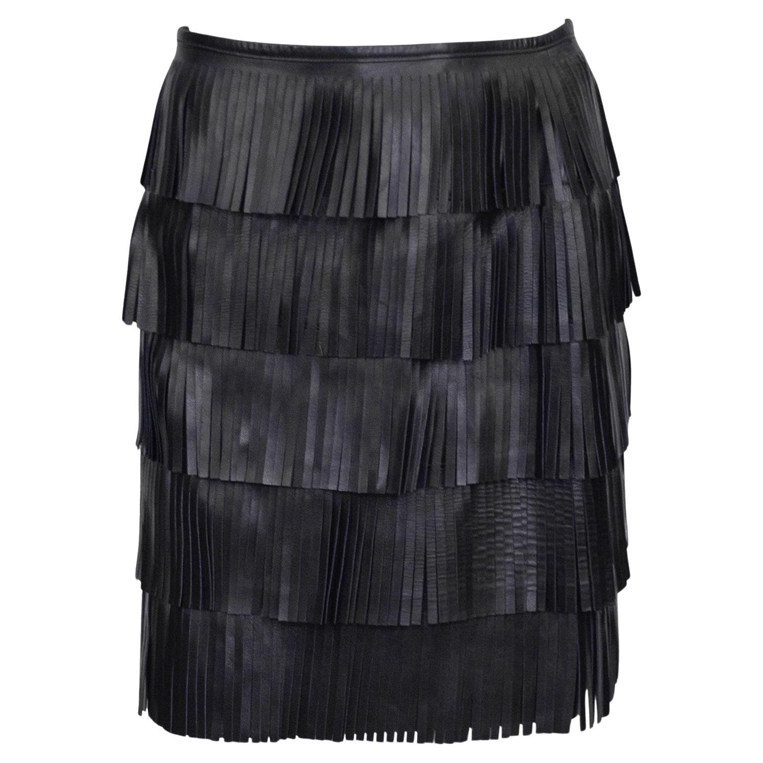 2007 Prada Black Leather Fringe Skirt en venta