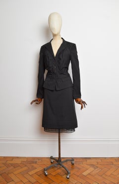 2007 Prada Black Pleated Cotton Blazer Jacket and Midi Skirt Suit Set
