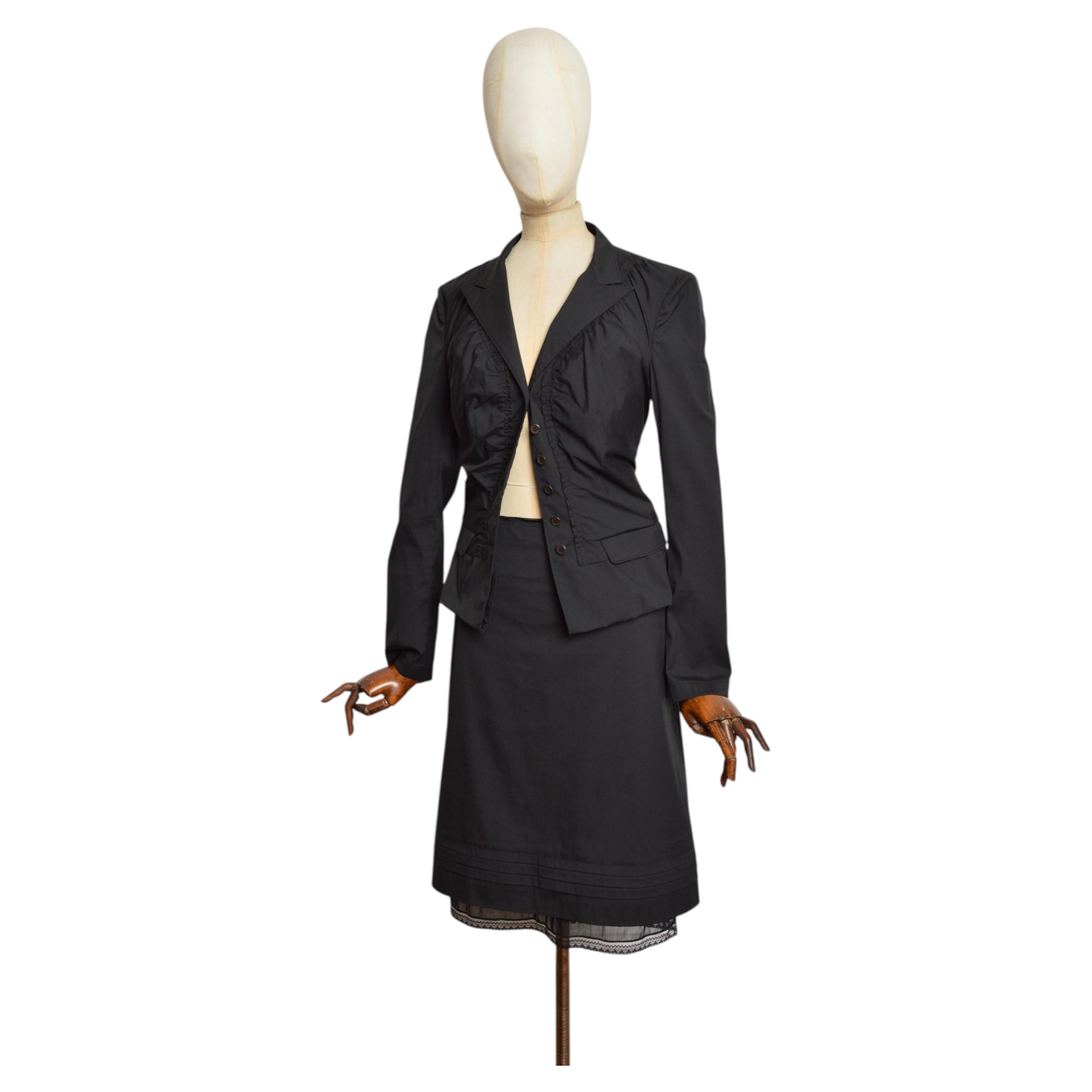 2007 Prada Black Pleated Cotton Blazer Jacket and Midi Skirt Suit Set