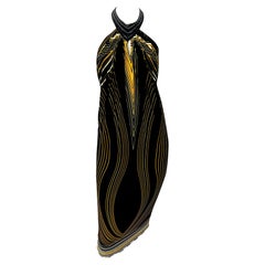 2007 Roberto Cavalli Halter Neck Backless Black Yellow Abstract Stretch Dress