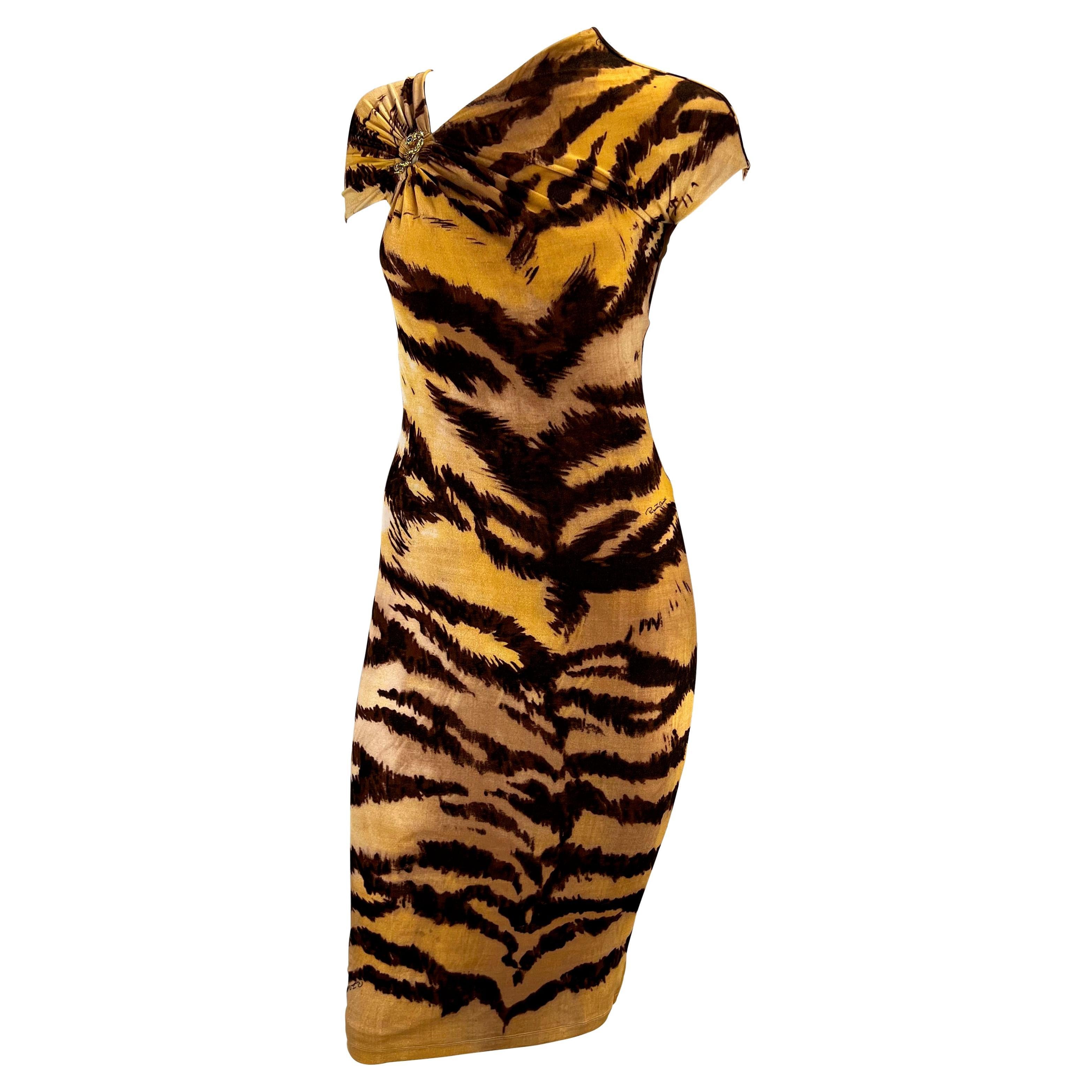 2007 Roberto Cavalli Serpent Brooch Animal Print Beige Viscose Dress 1