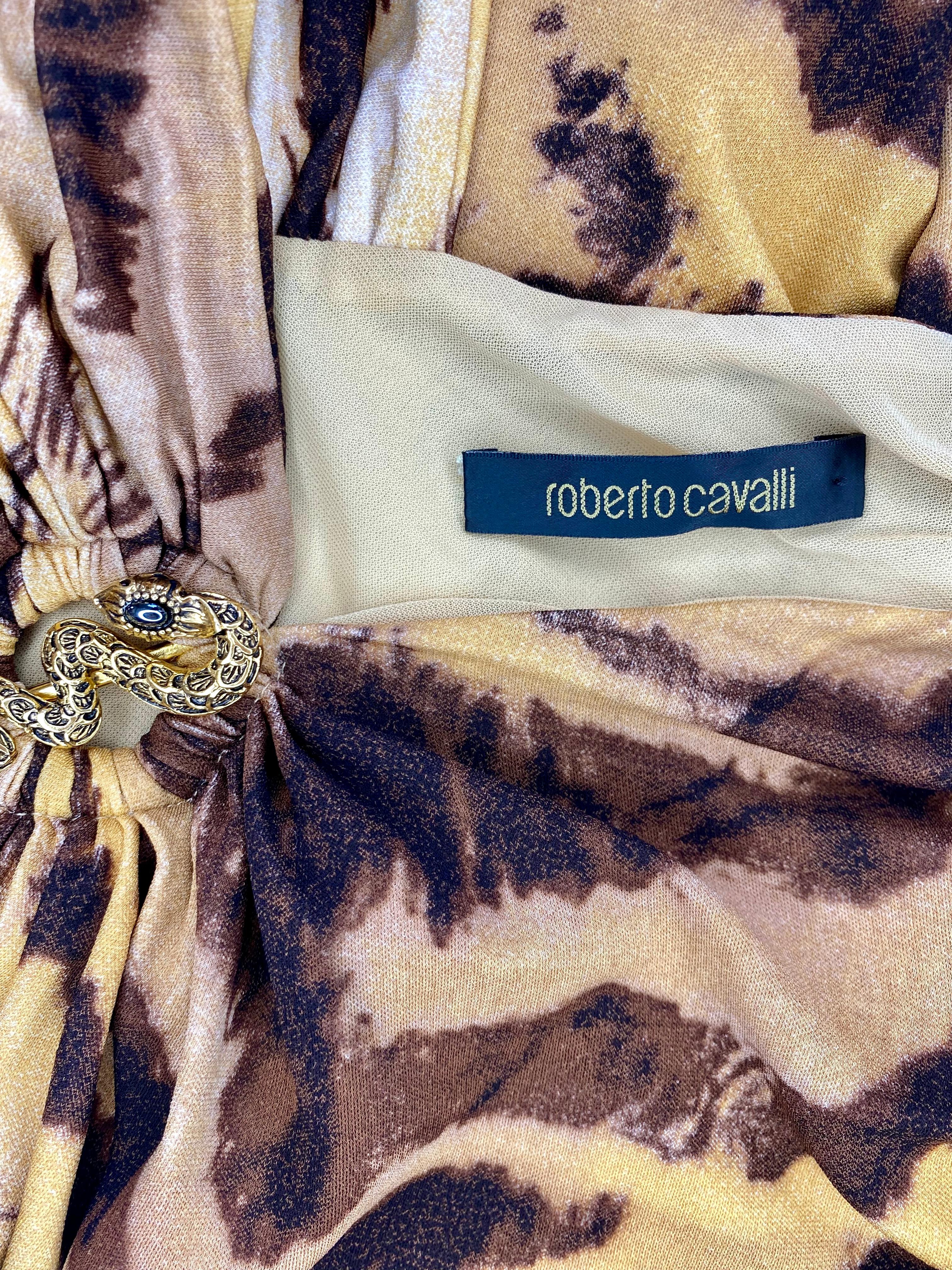 2007 Roberto Cavalli Serpent Brooch Animal Print Beige Viscose Dress 2