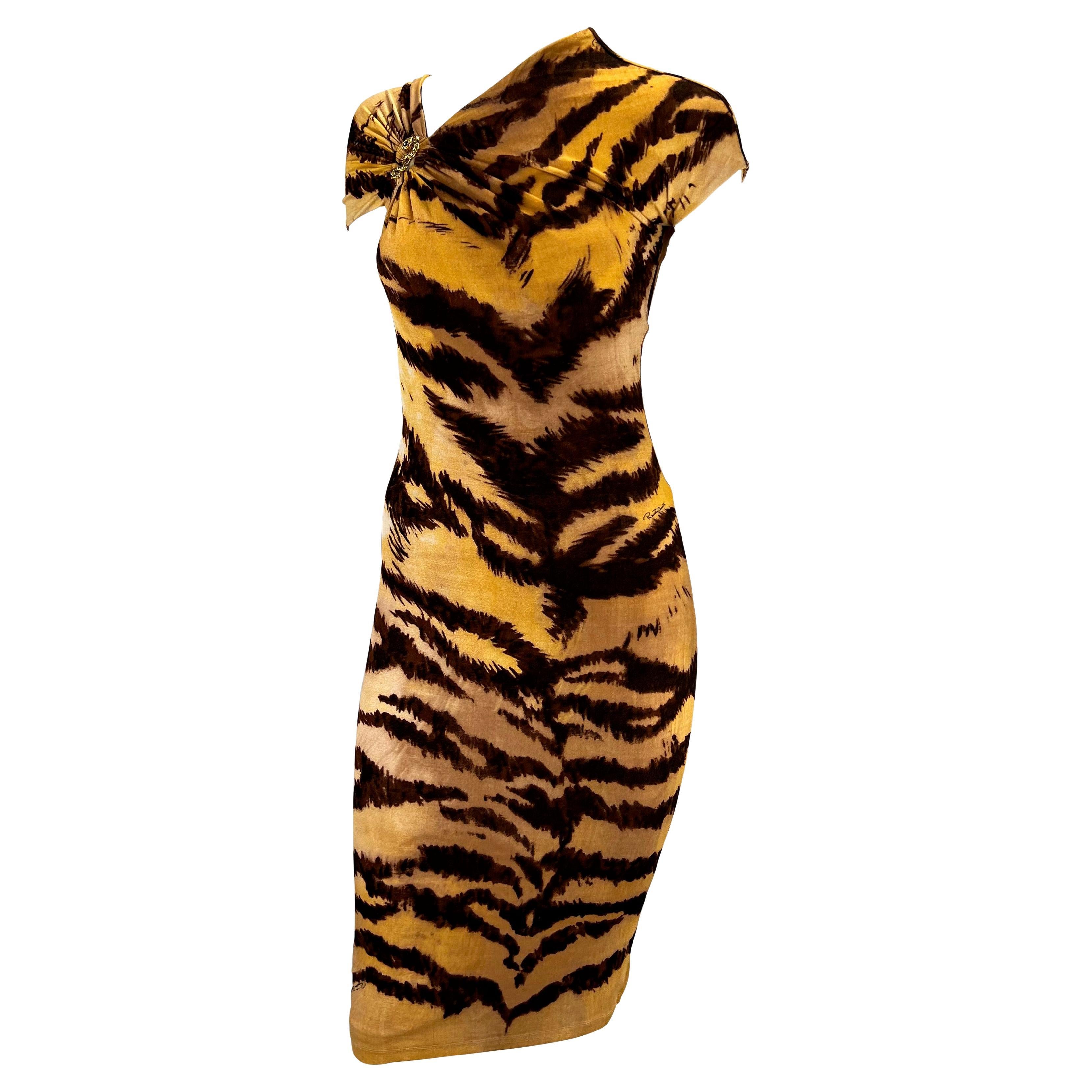 2007 Roberto Cavalli Serpent Brooch Animal Print Beige Viscose Dress