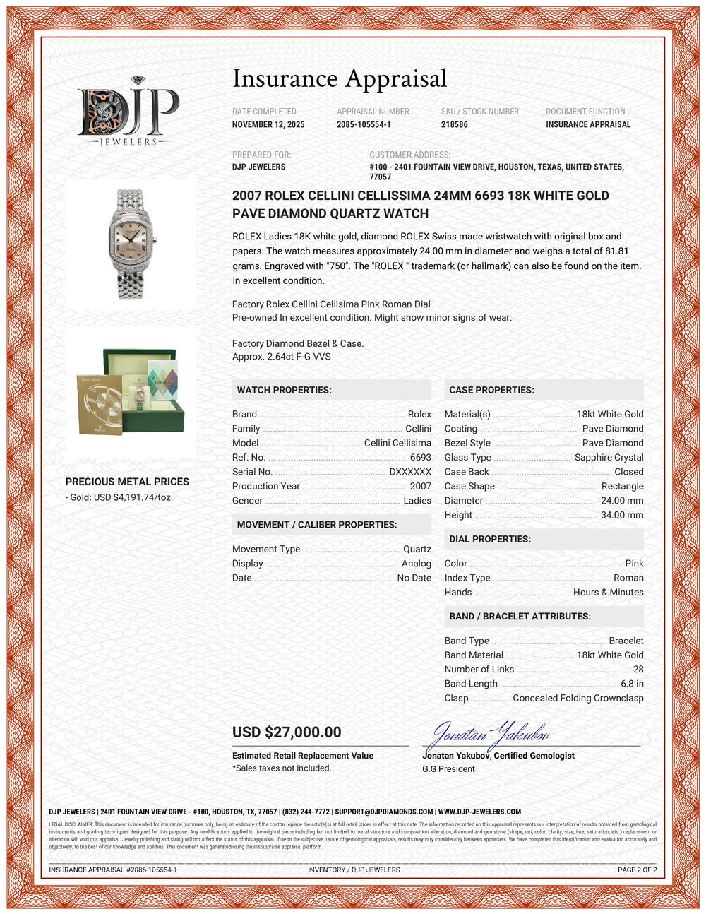 2007 Rolex Cellini 24MM 6693 Oro bianco 18 carati Pave Diamante Quarzo Orologio in vendita 6