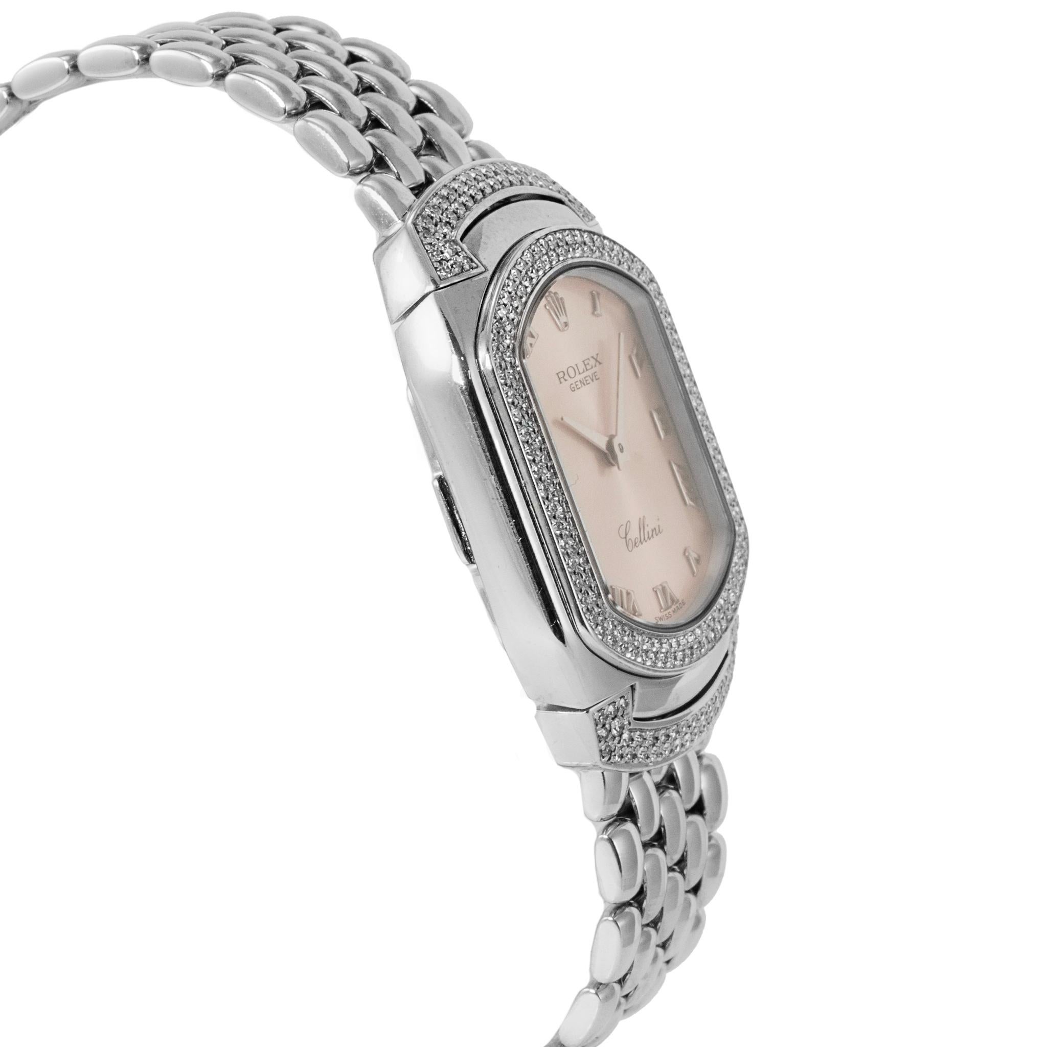Taglio rotondo 2007 Rolex Cellini 24MM 6693 Oro bianco 18 carati Pave Diamante Quarzo Orologio in vendita
