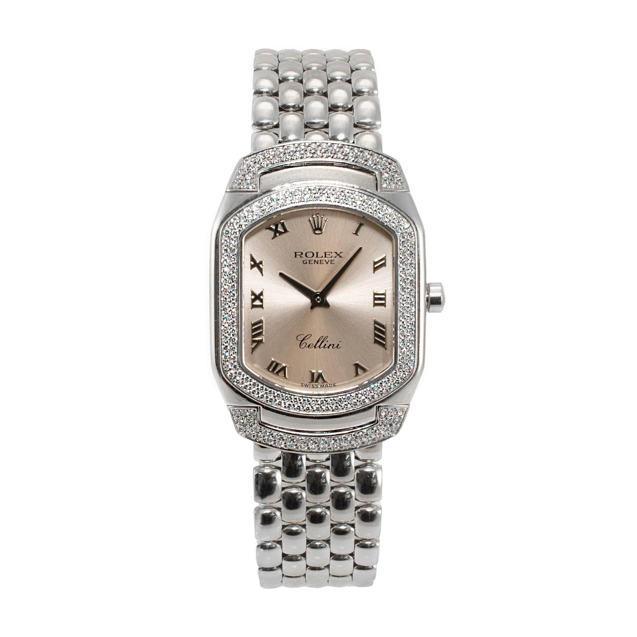 2007 Rolex Cellini 24MM 6693 Oro bianco 18 carati Pave Diamante Quarzo Orologio