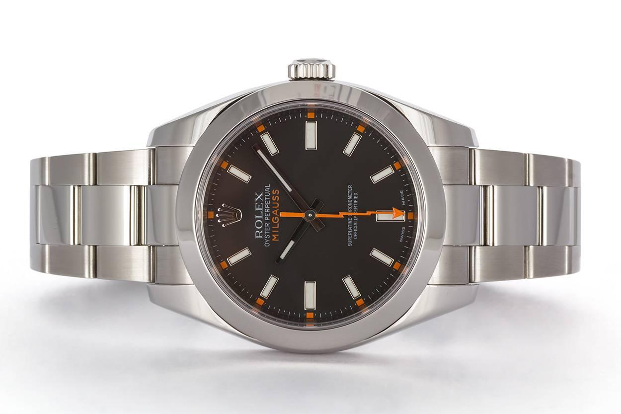 We are pleased to offer this 2007 Rolex Stainless Steel Milgauss 116400. The reliability and precision of an ordinary mechanical watch can be affected by a magnetic field of 50 to 100 gauss. But many scientists are exposed to much higher magnetic
