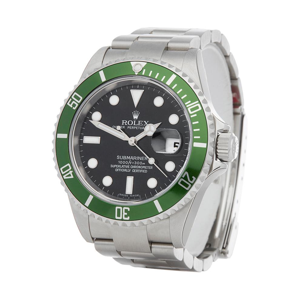 Contemporary 2007 Rolex Submariner Kermit NOS Stainless Steel 16610LV Wristwatch
 *
 *Complete with: Box, Manuals & Guarantee dated 31st July 2007
 *Case Size: 40mm
 *Strap: Stainless Steel Oyster
 *Age: 2007
 *Strap length: Adjustable up to 20cm.