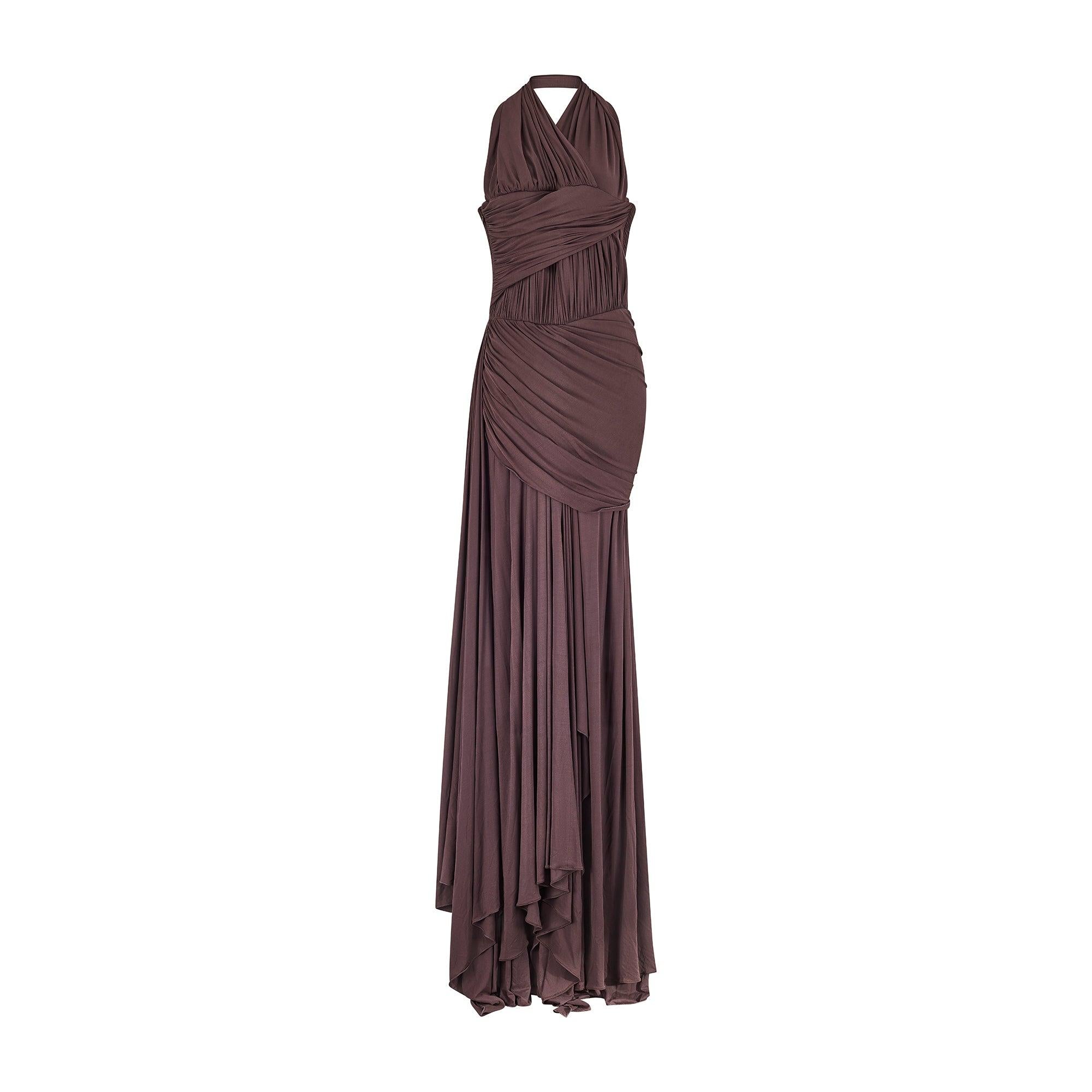 This is a magnificent body-con maxi gown by Parisian Atelier Guy Laroche - the exact one which walked the runway for the Fall/Winter 2007 couture collection. A floor length creation in mauve stretch-crepe which sensuously clings to the curves of the