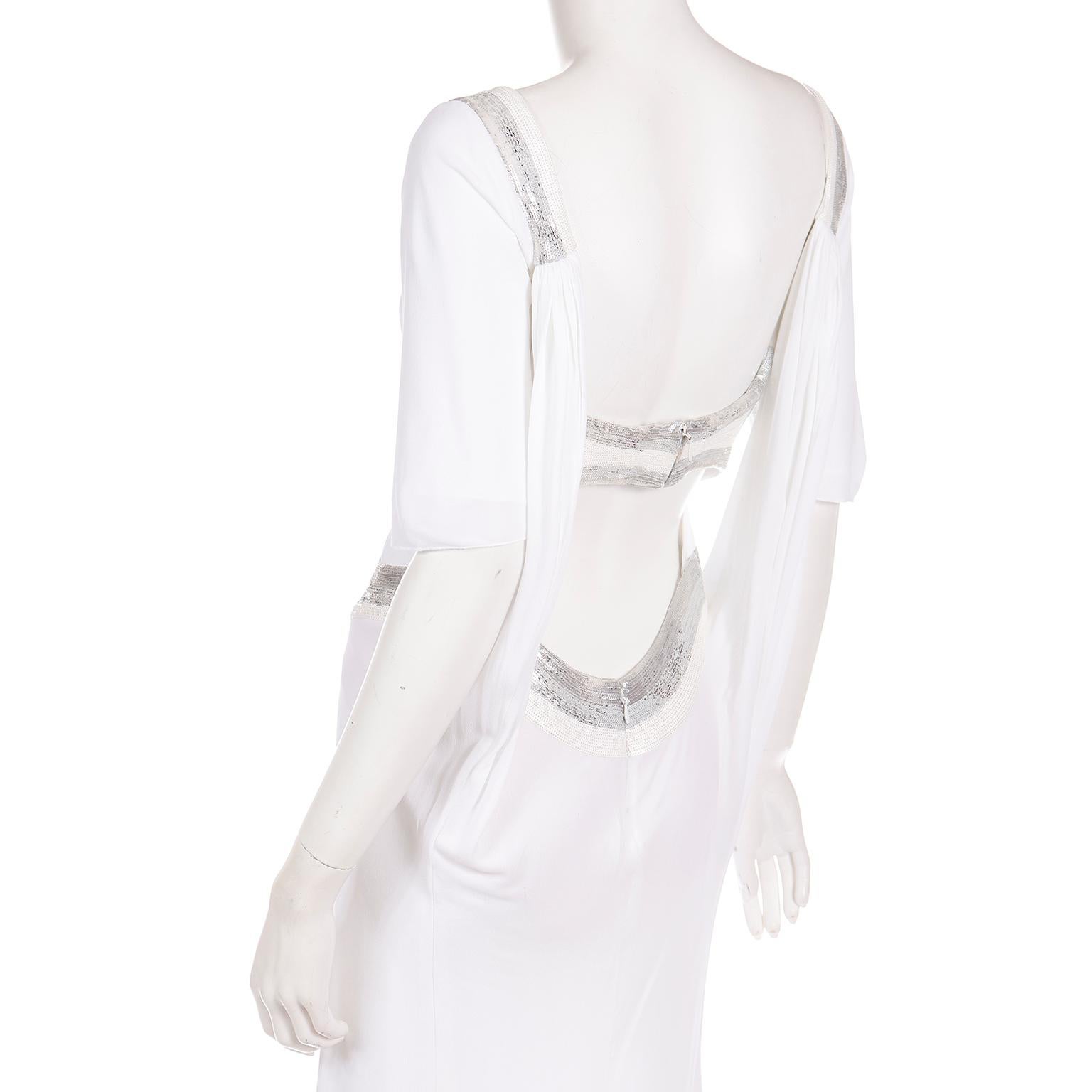 2007 Versace White Stretch Dress w Silver Sequins and Open Low Back For Sale 7