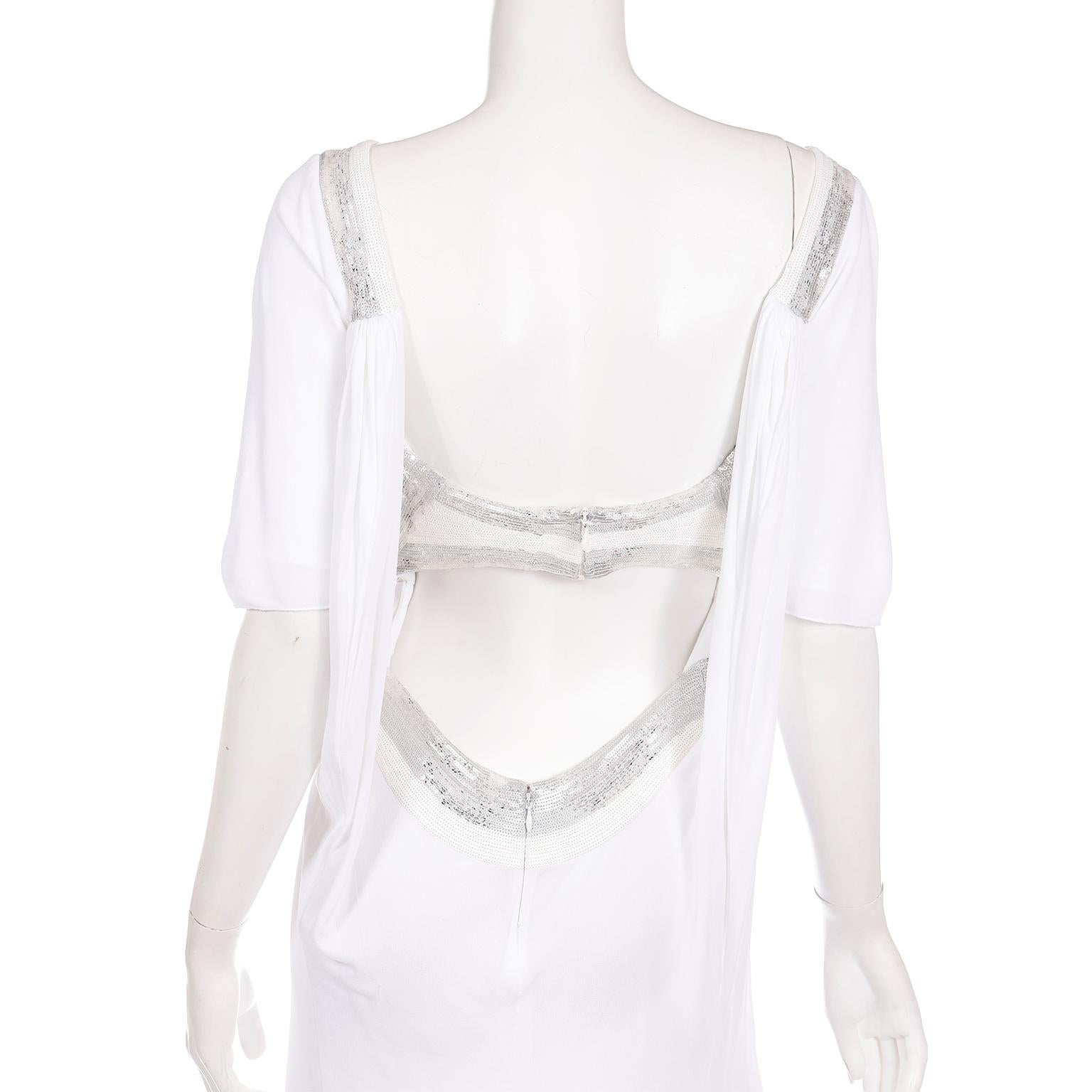 2007 Versace White Stretch Dress w Silver Sequins and Open Low Back For Sale 8
