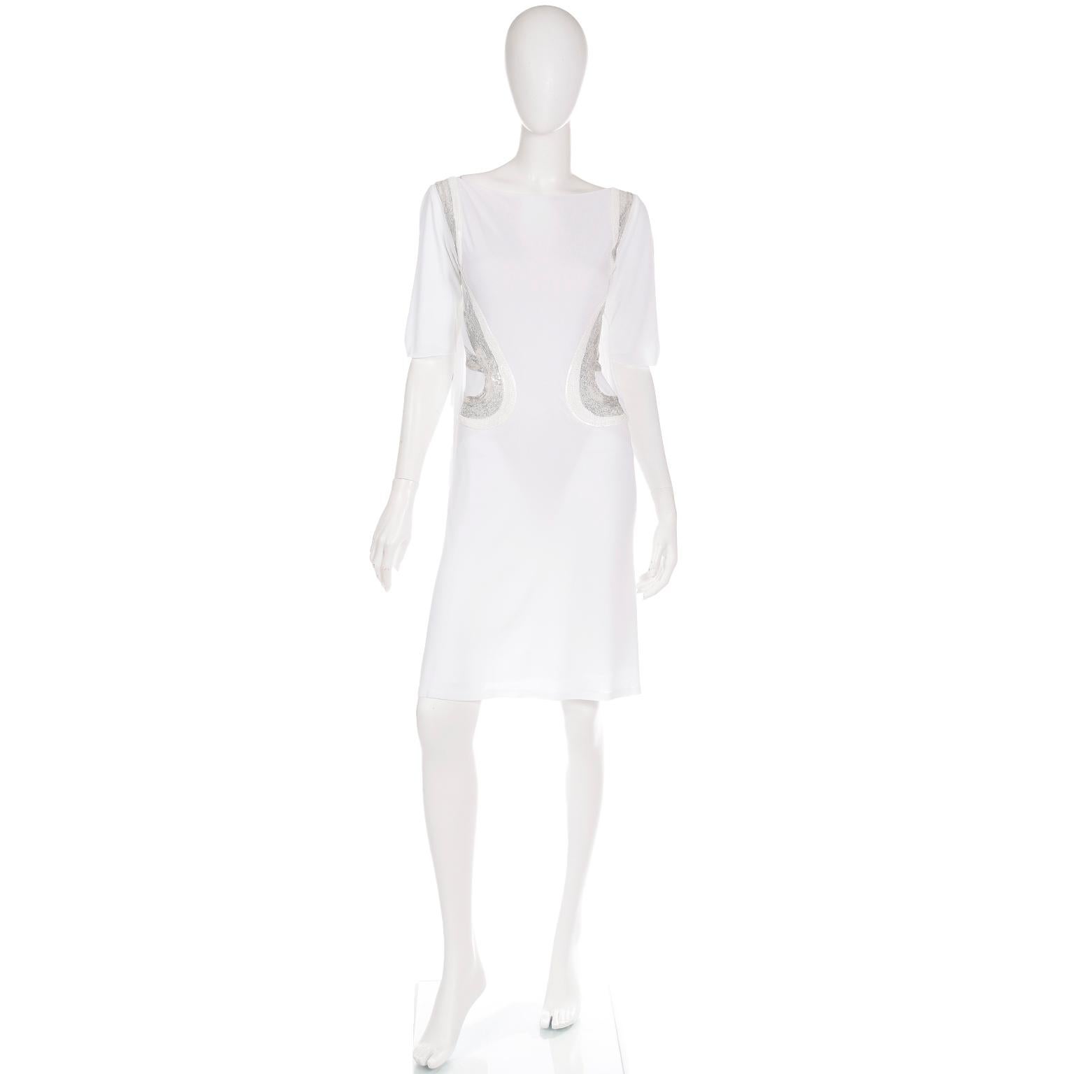 2007 Versace White Stretch Dress w Silver Sequins and Open Low Back In Good Condition For Sale In Portland, OR