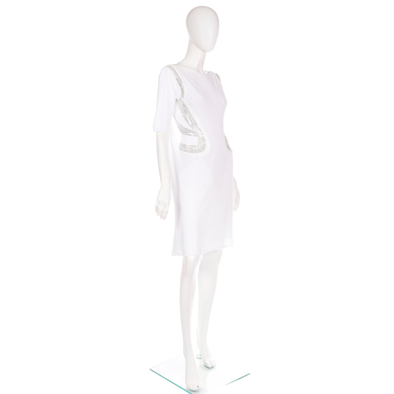 Women's 2007 Versace White Stretch Dress w Silver Sequins and Open Low Back For Sale