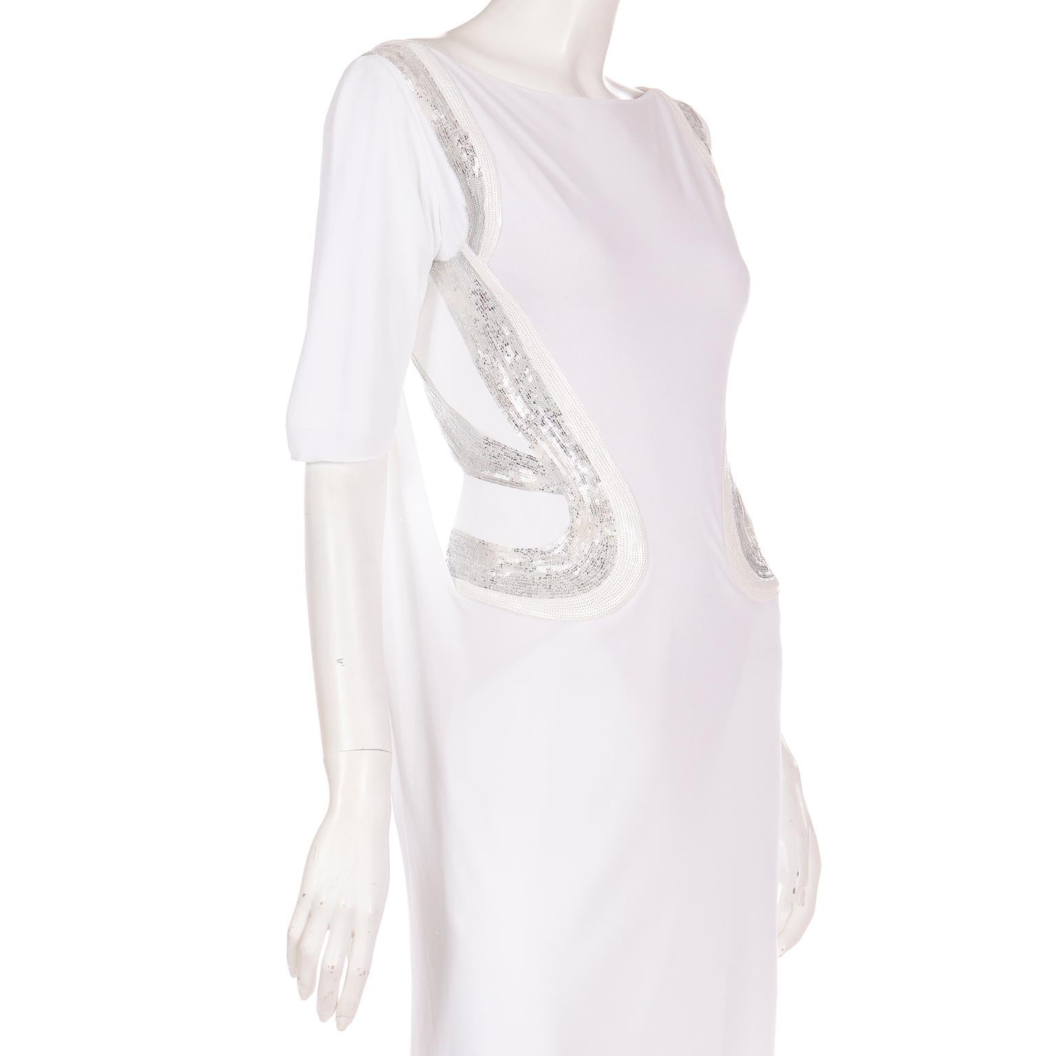2007 Versace White Stretch Dress w Silver Sequins and Open Low Back For Sale 4