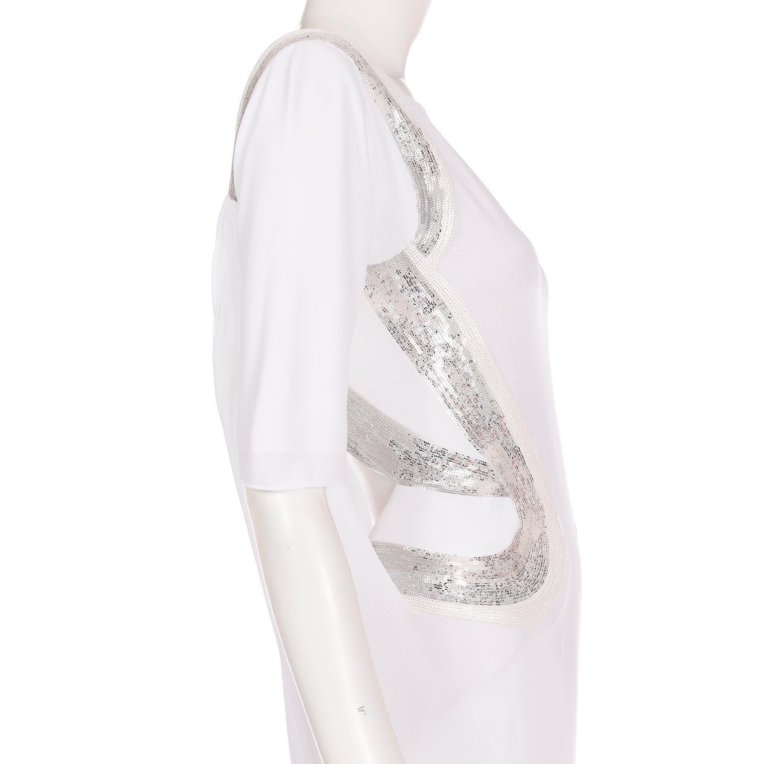 2007 Versace White Stretch Dress w Silver Sequins and Open Low Back For Sale 5