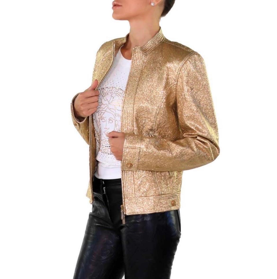 2007 Vintage Versace Gold Textured Leather Jacket NWT In New Condition For Sale In Montgomery, TX