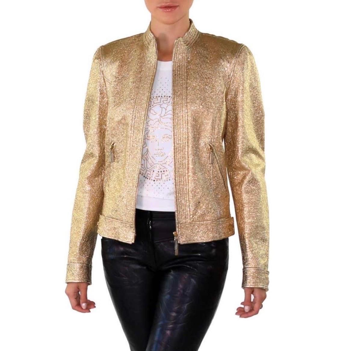 Women's 2007 Vintage Versace Gold Textured Leather Jacket NWT For Sale