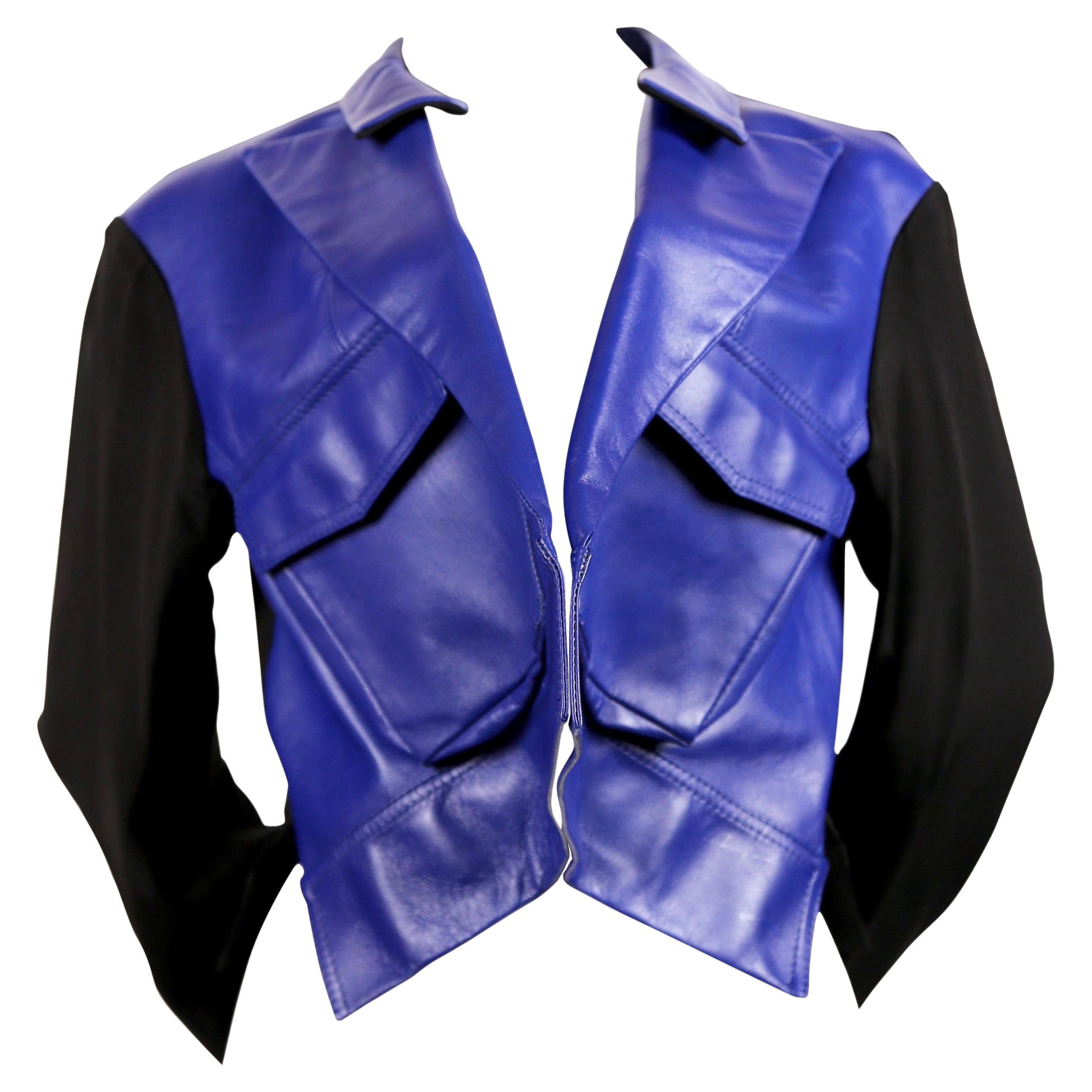 2007 YOHJI YAMAMOTO blue leather runway jacket with forced front - NEW with tags For Sale