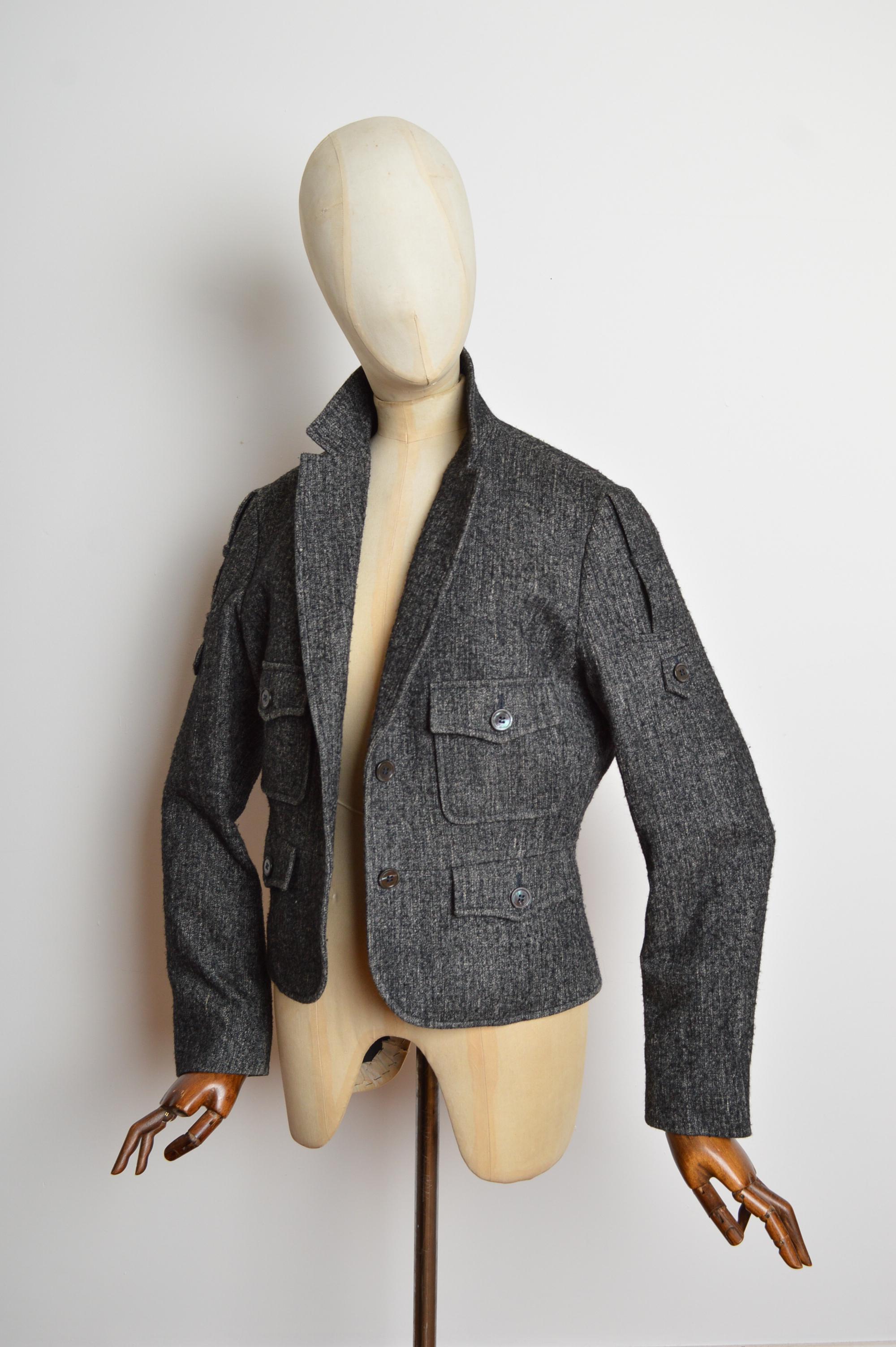 2007 Yves Saint Laurent Charcoal Grey Tailored Mottled Wool Military Blazer in vendita 6
