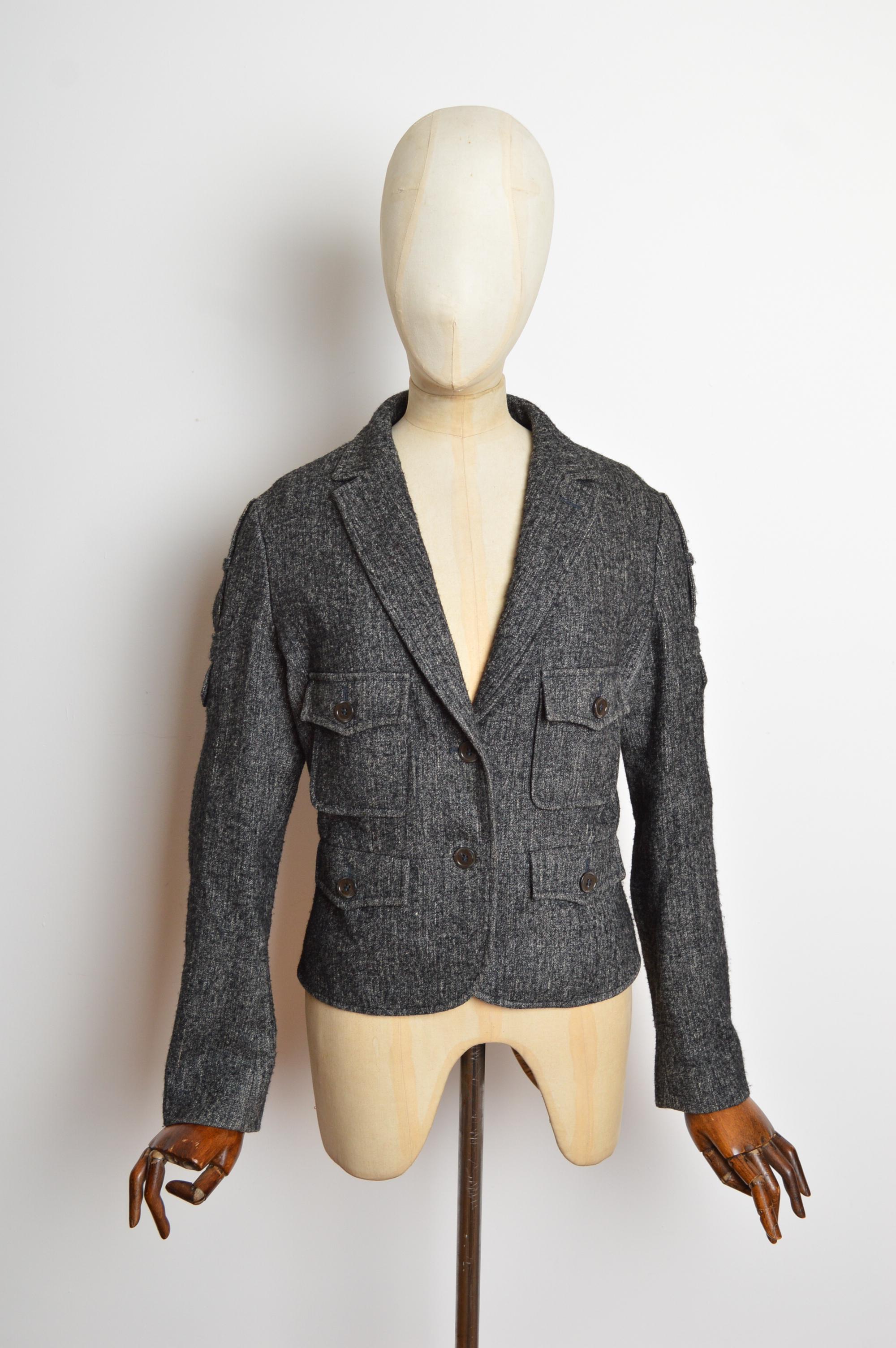 Nero 2007 Yves Saint Laurent Charcoal Grey Tailored Mottled Wool Military Blazer in vendita