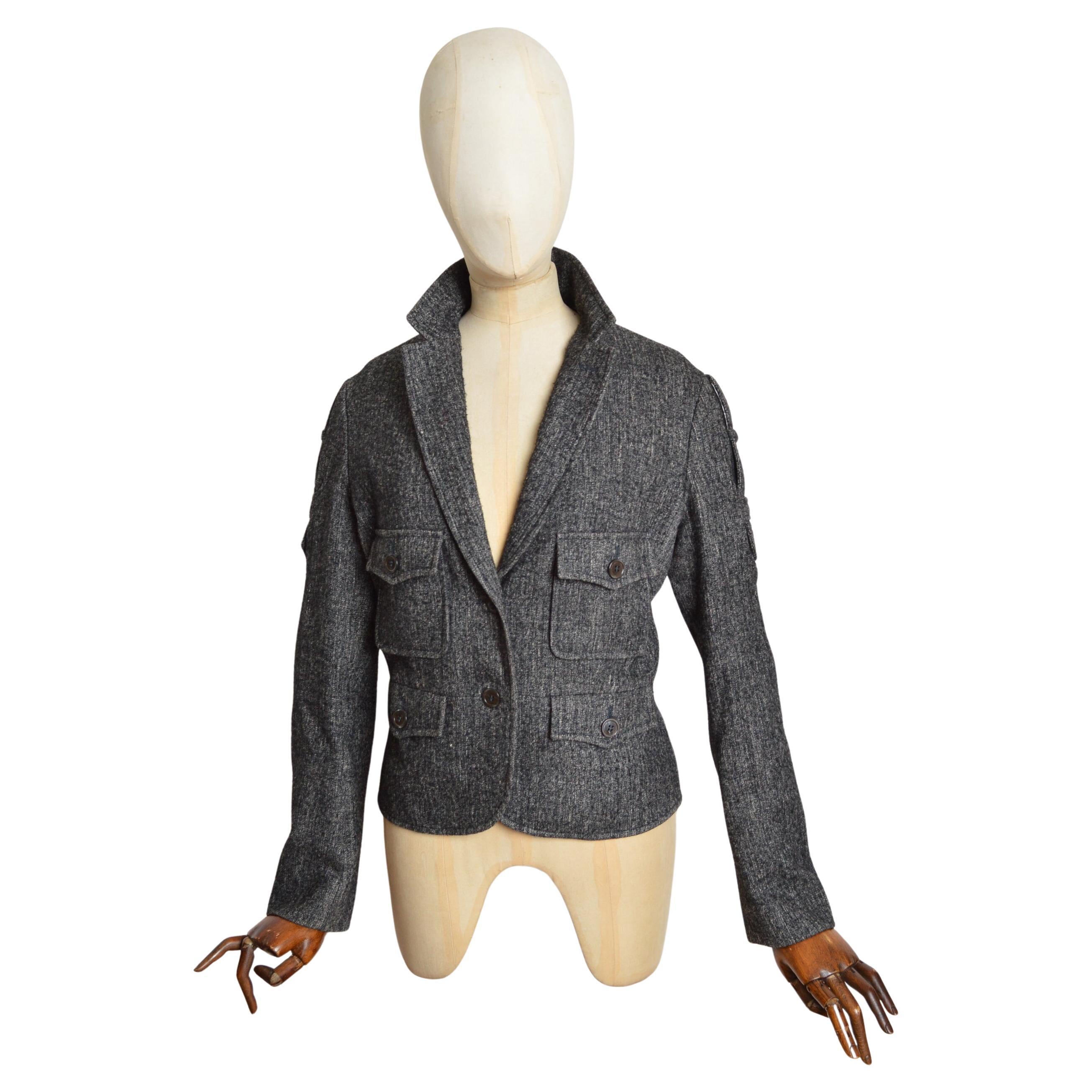 2007 Yves Saint Laurent Charcoal Grey Tailored Mottled Wool Military Blazer in vendita