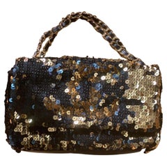 Used 2008-2009 Chanel gold and navy blue sequin crossbody flap bag