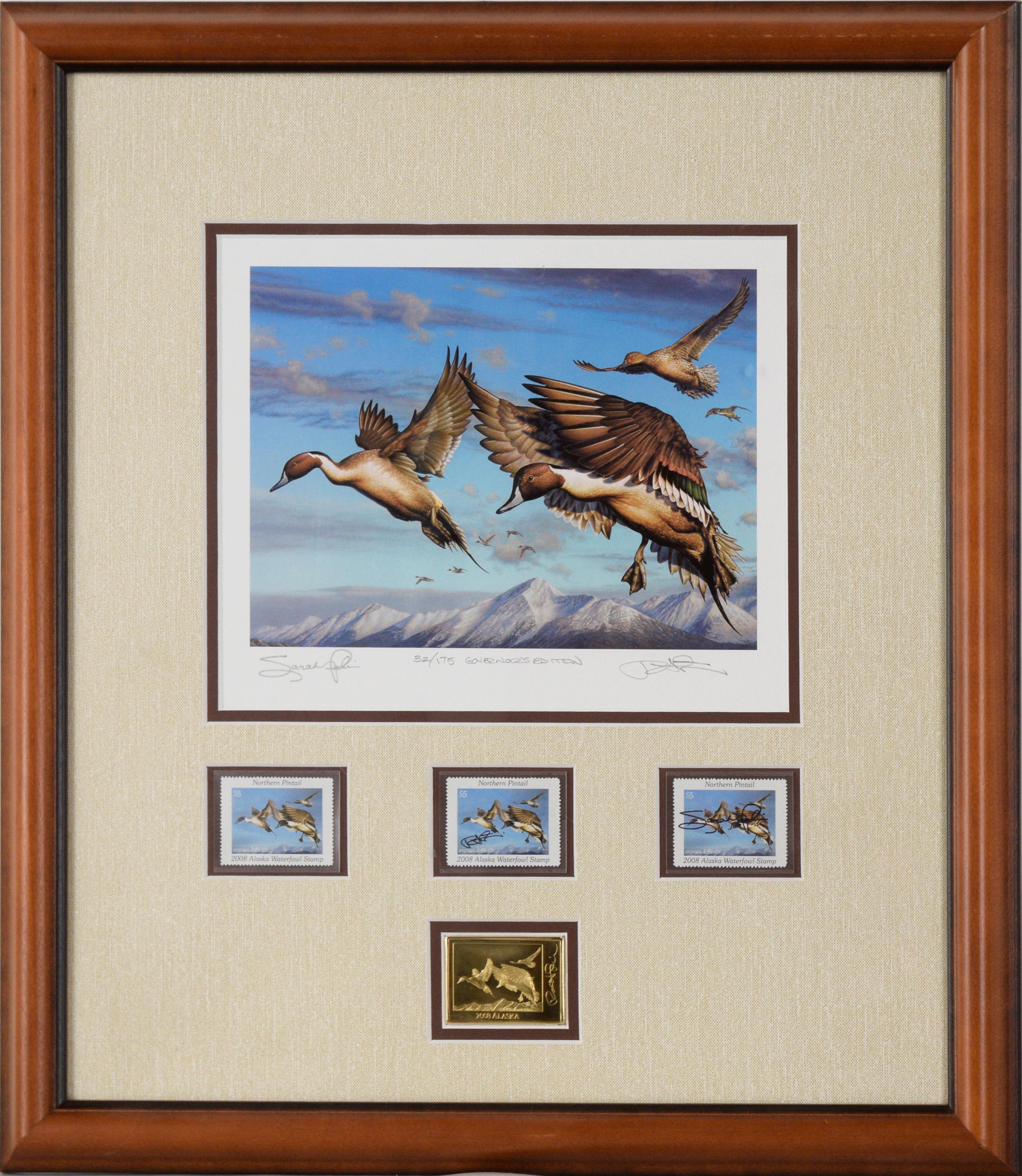 Impression du timbre 2008 sur le canard d'Alaska
2008 Alaska Duck Stamp Print de Robert Steiner (américain, né en 1949). Quatre tirages de timbres de canard de l'Alaska constituent le point de mire avec 