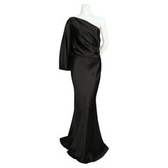2008 ALEXANDER MCQUEEN black draped silk bias cut dress with asymmetrical bodice