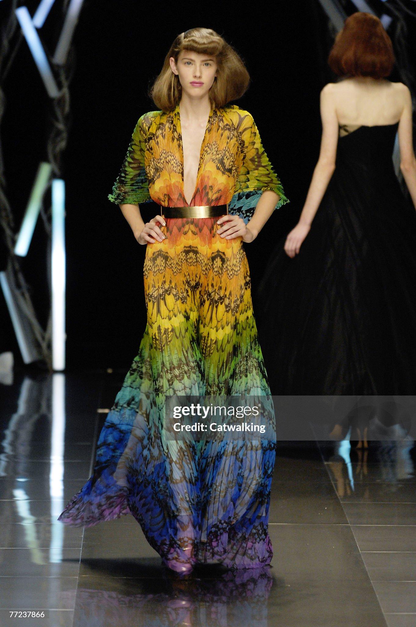 2008 Alexander McQueen Documented Rainbow Butterfly Print Silk Belted Cape Dress For Sale 5