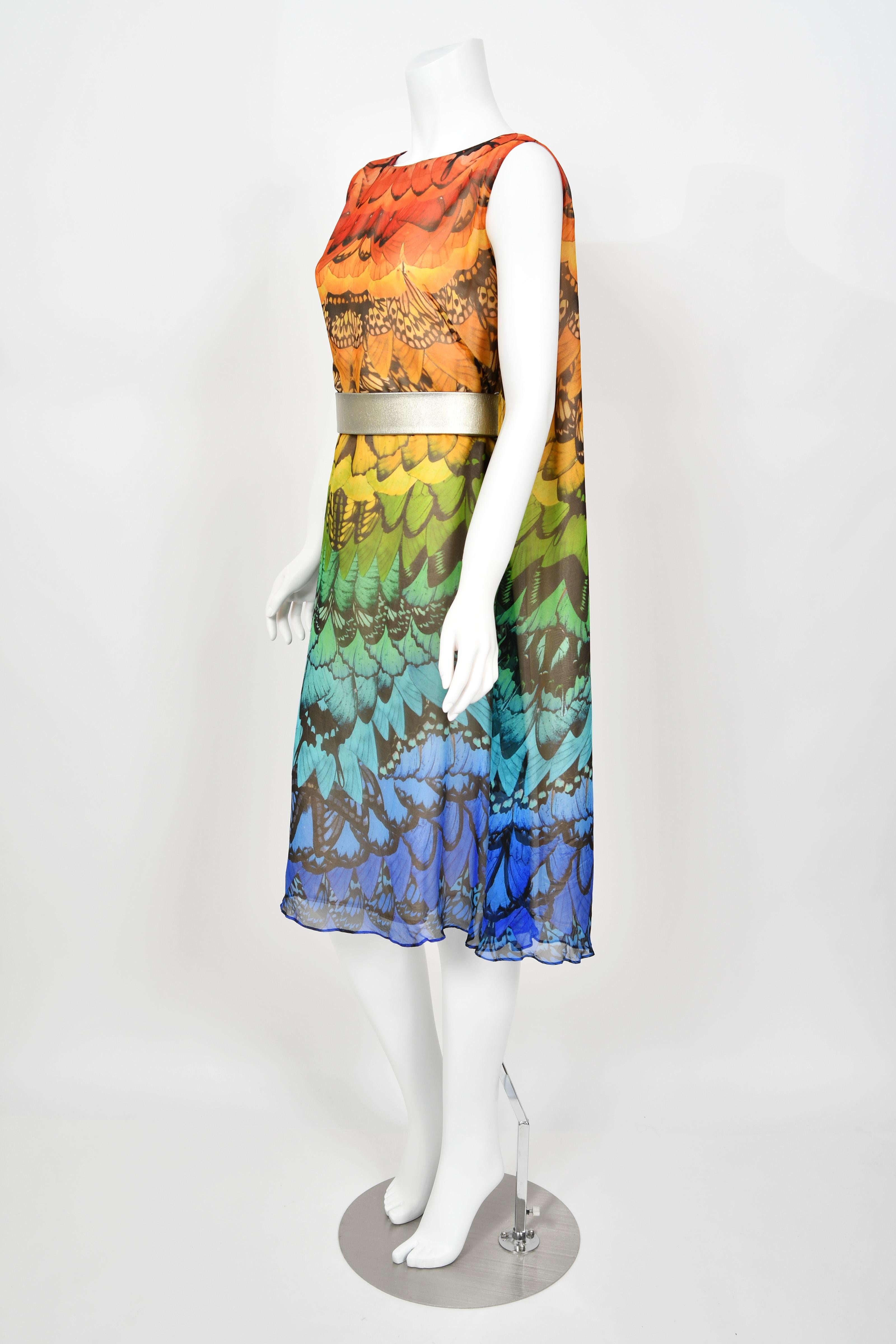 2008 Alexander McQueen Documented Rainbow Butterfly Print Silk Belted Cape Dress For Sale 6